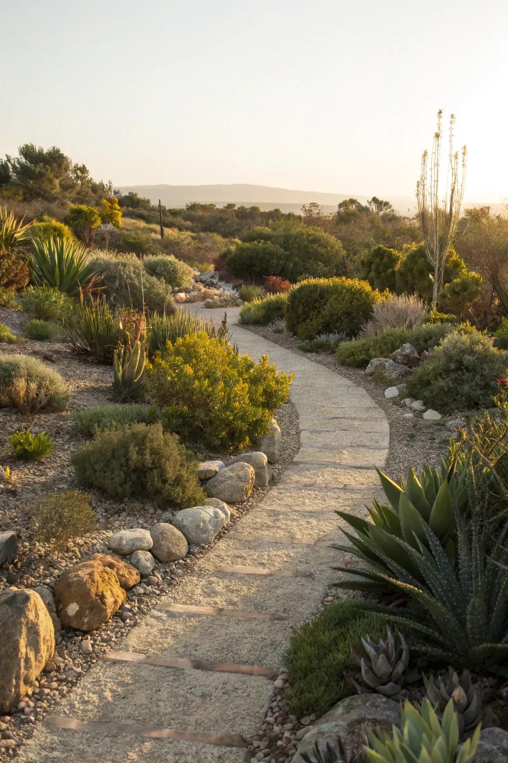 A simple stone and gravel path complemented by succulents.