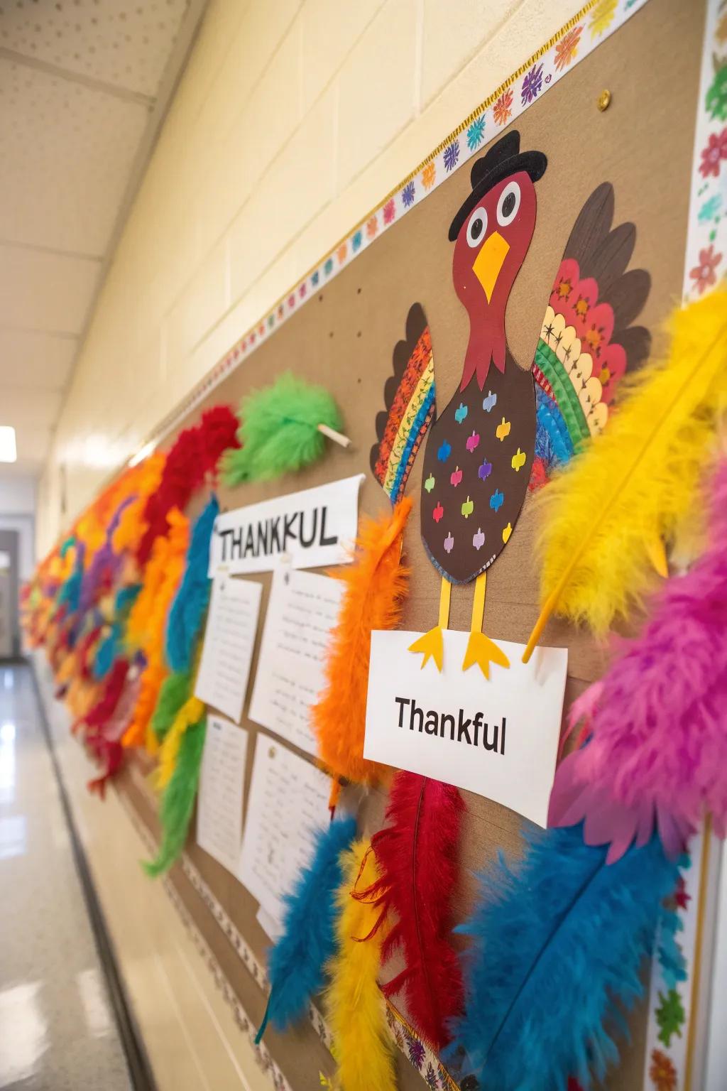 A turkey bulletin board overflowing with messages of thankfulness.