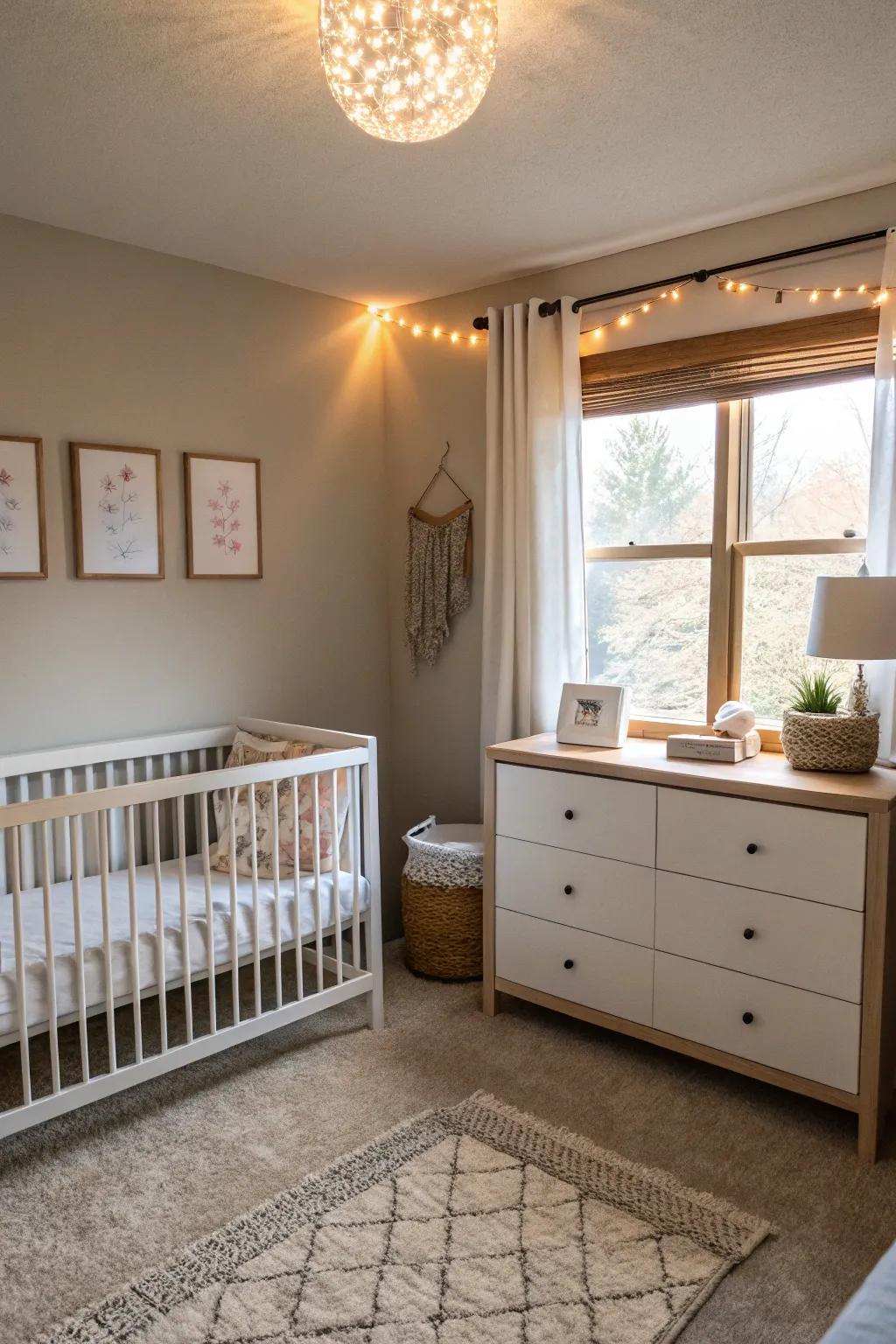 Simple furniture establishes a calm, clear nursery setting.