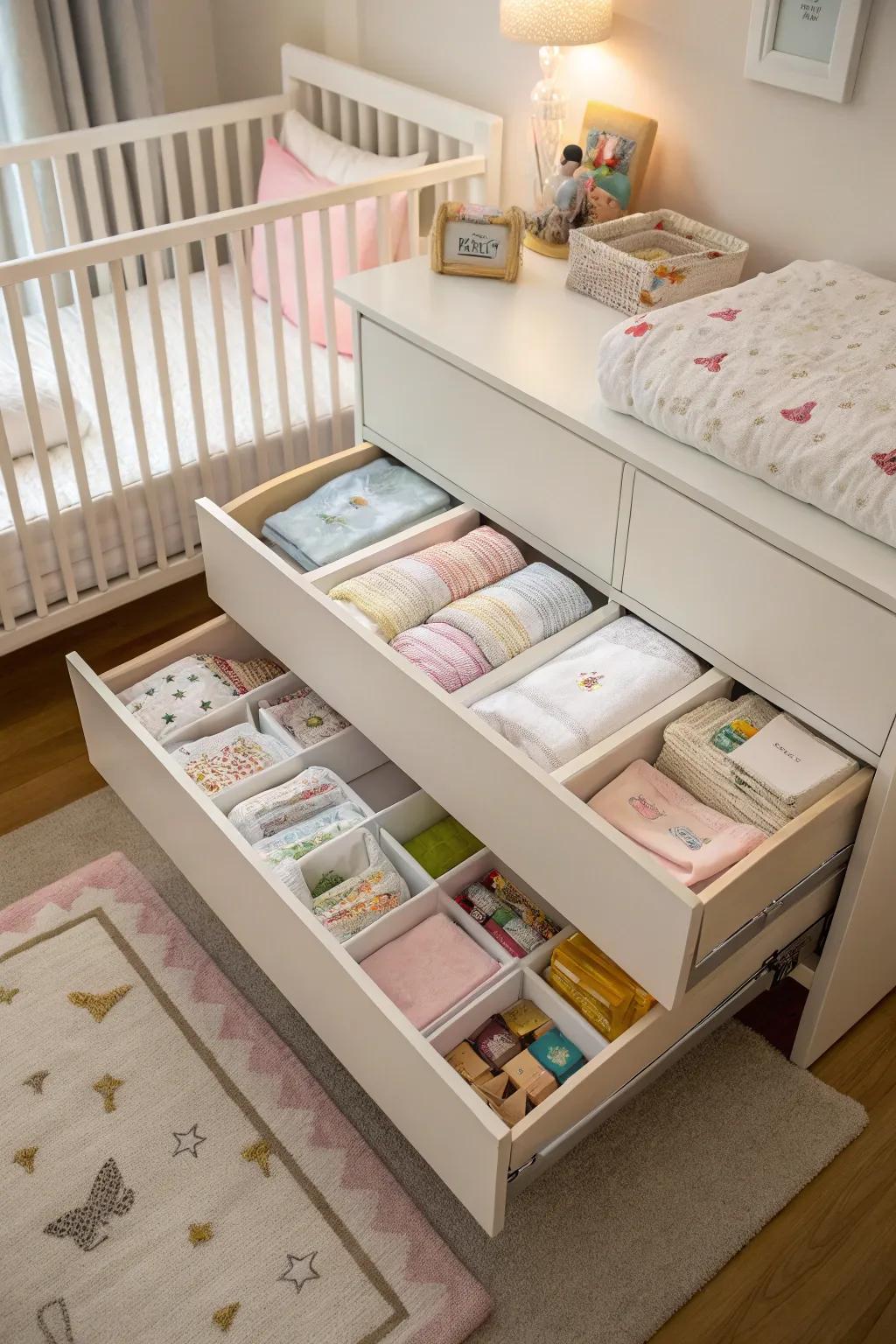 A bassinet featuring built-in drawers for additional storage.