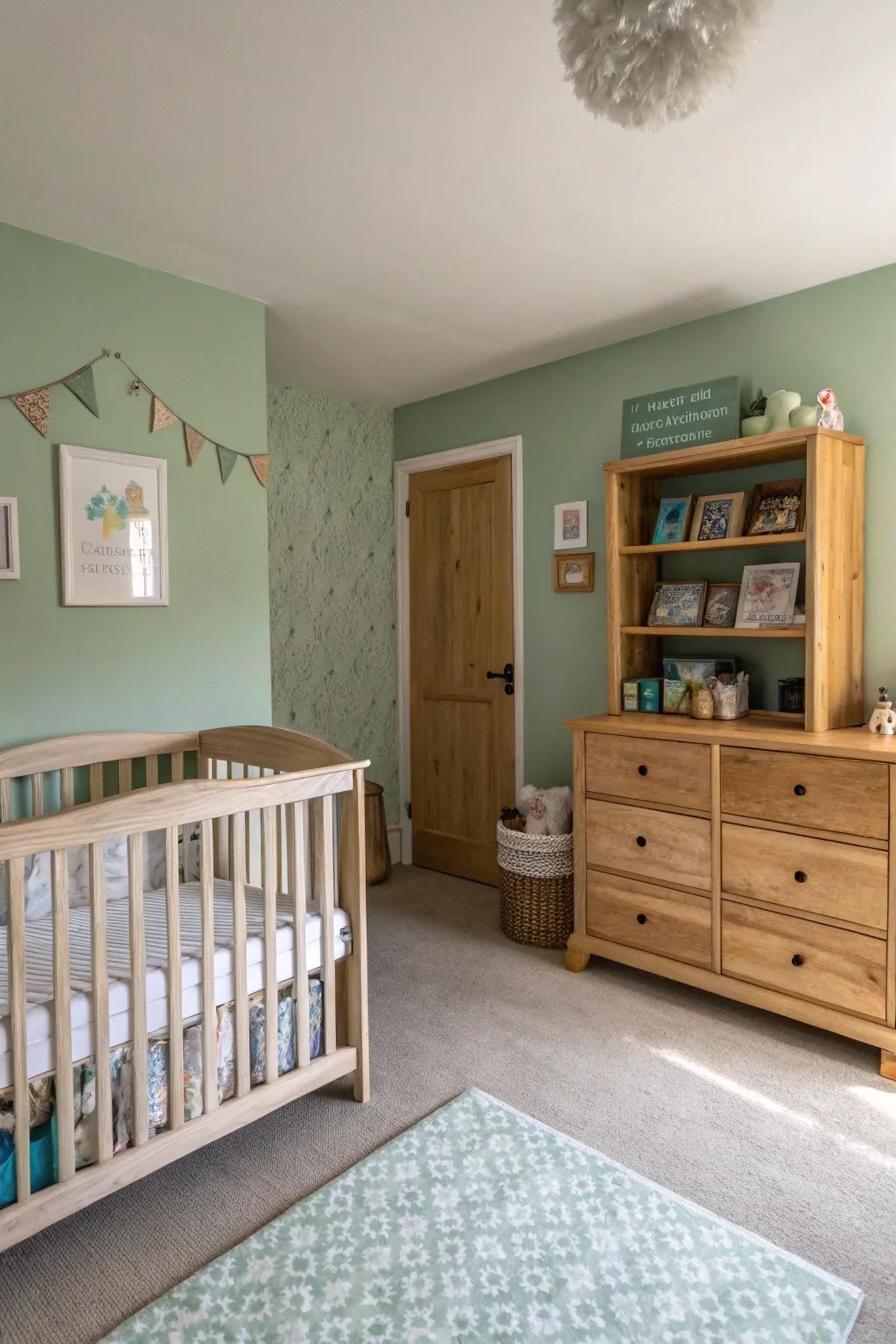 A nursery adorned in misty thyme green, cultivating a serene mood.