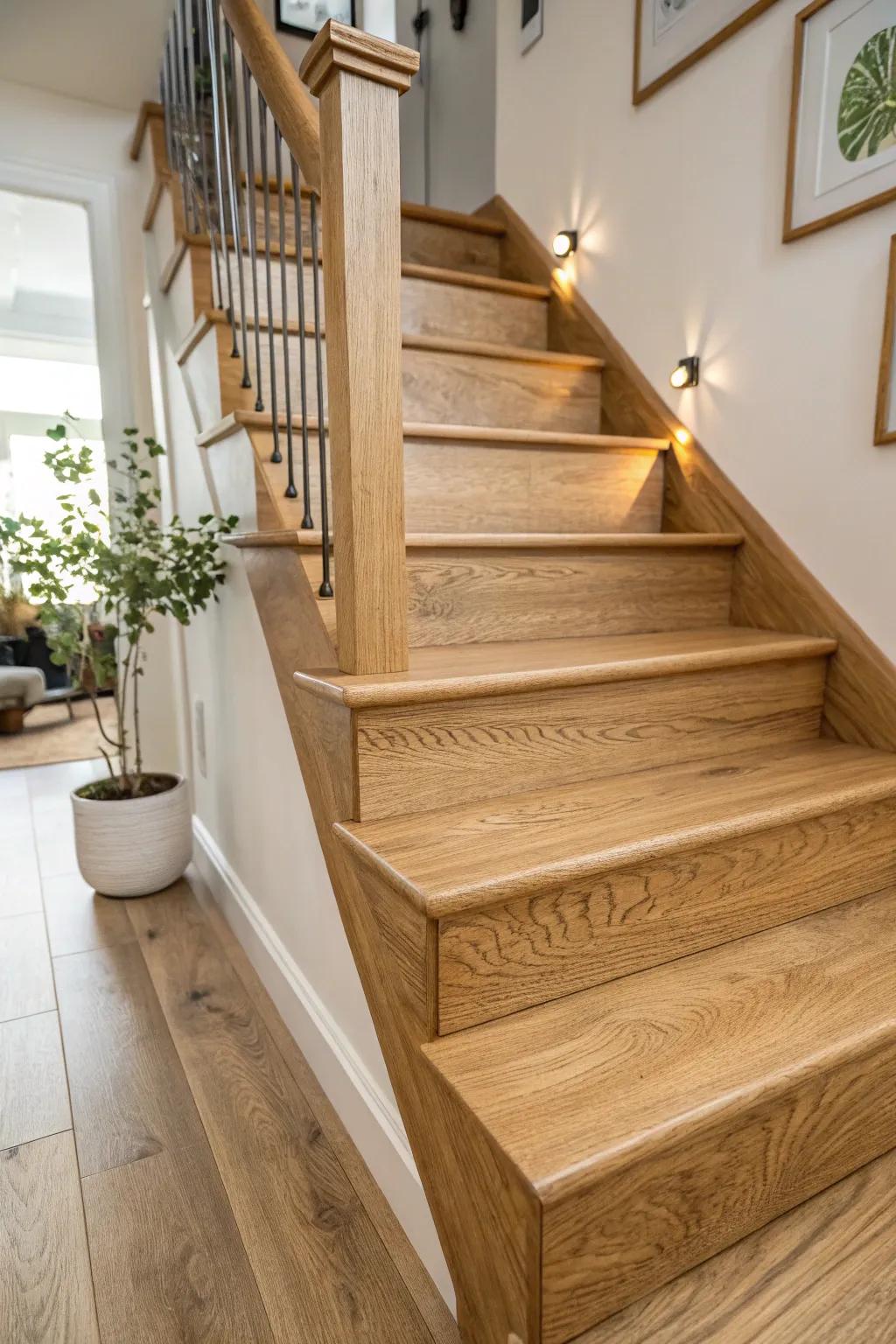 A natural maple staircase showcasing its rich grain and color.
