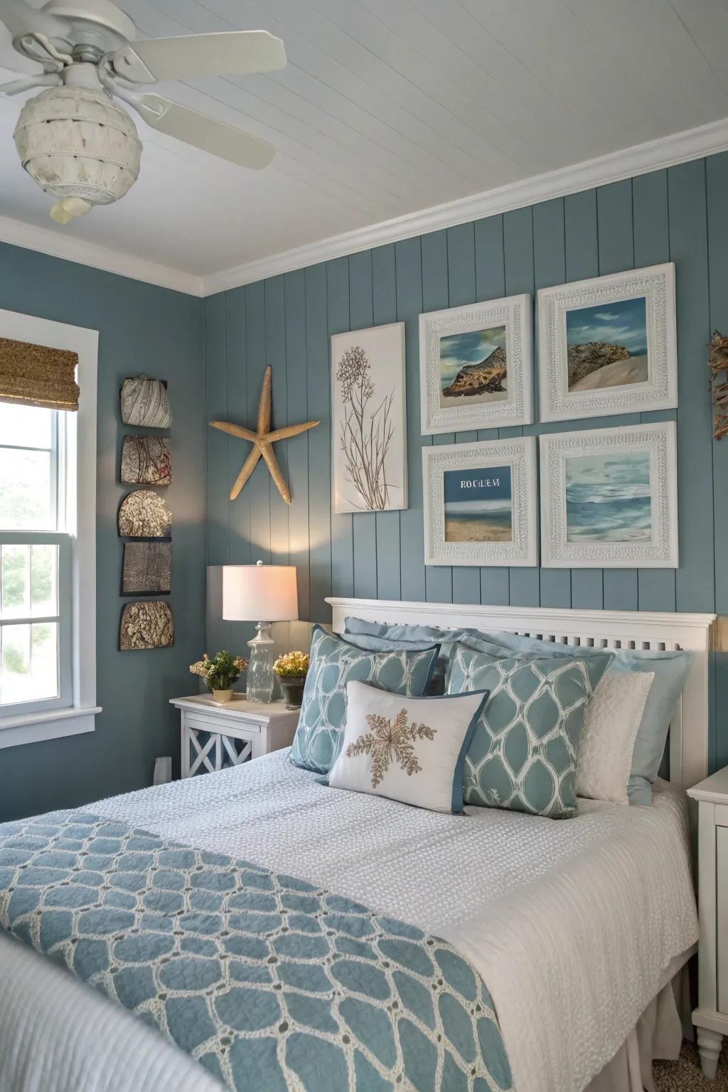 A soothing blue-gray wall tint establishes the ambiance for a serene ocean-themed bedroom.