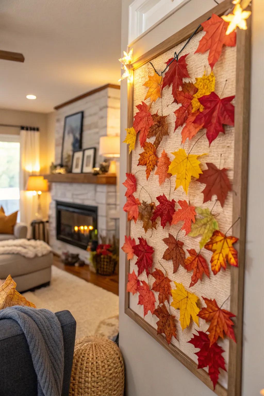 A drawing room display board embellished with autumnal foliage.