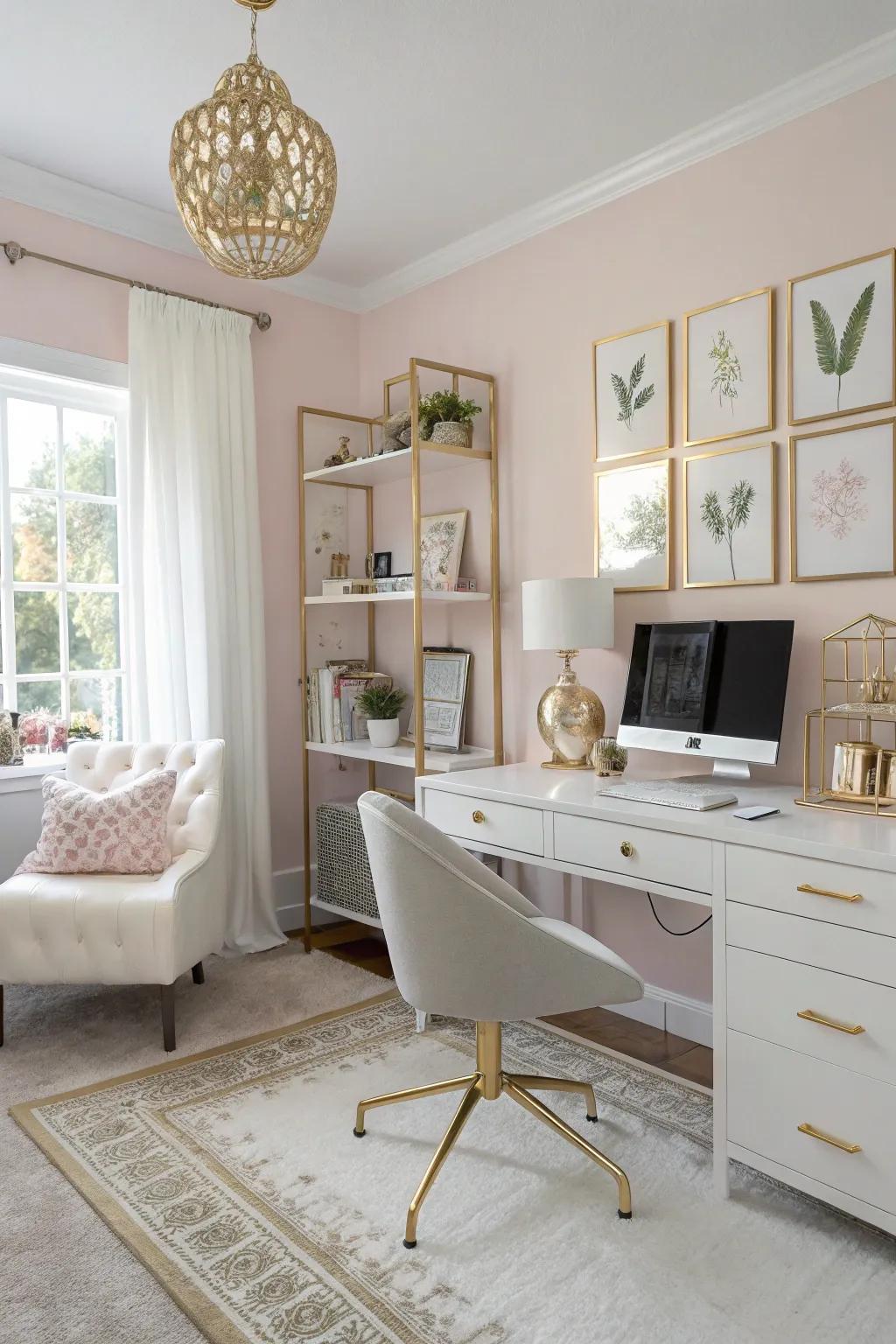 A pastel and gold-touched office projects serenity and refinement.