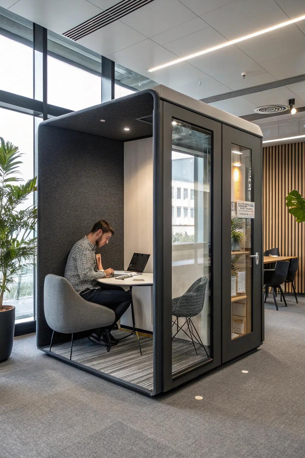 Sound-blocking booths offer a serene escape for deep work.