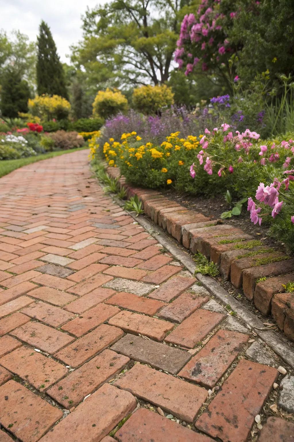 A herringbone pattern brings timeless elegance to this brick patio