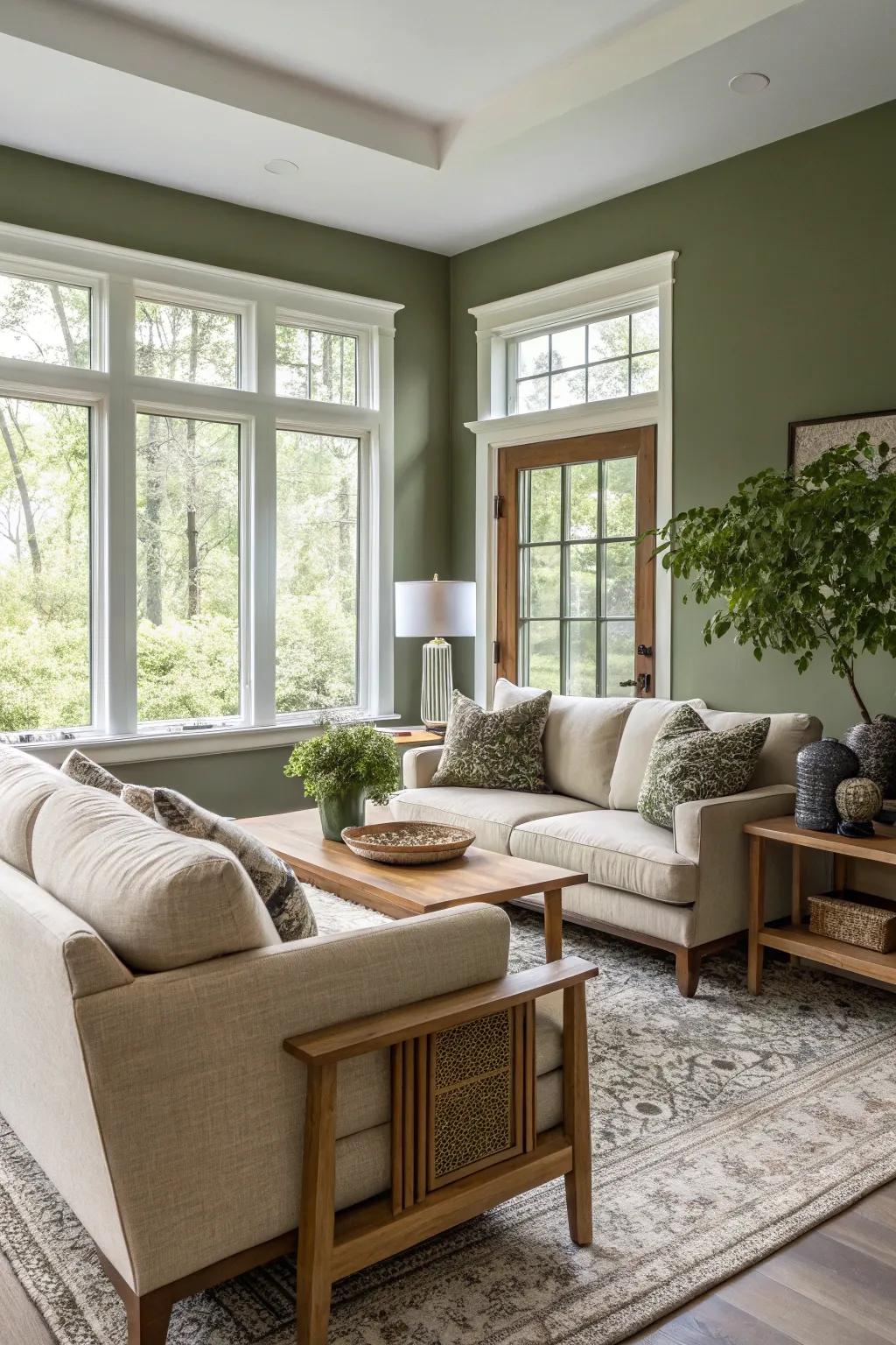A comfortable living space amplified by leafy green walls.