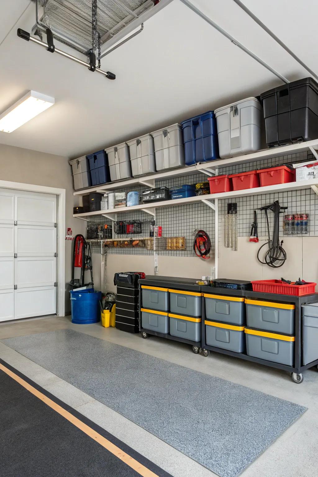 Overhead storage racks are key to maximizing space in a single-car garage.
