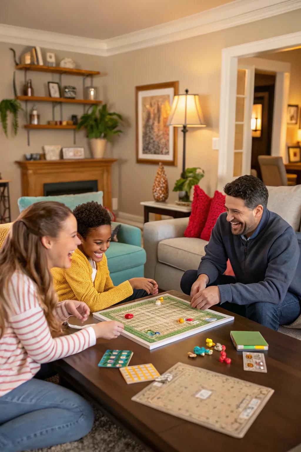 A family reveling in the delights of a board game evening.