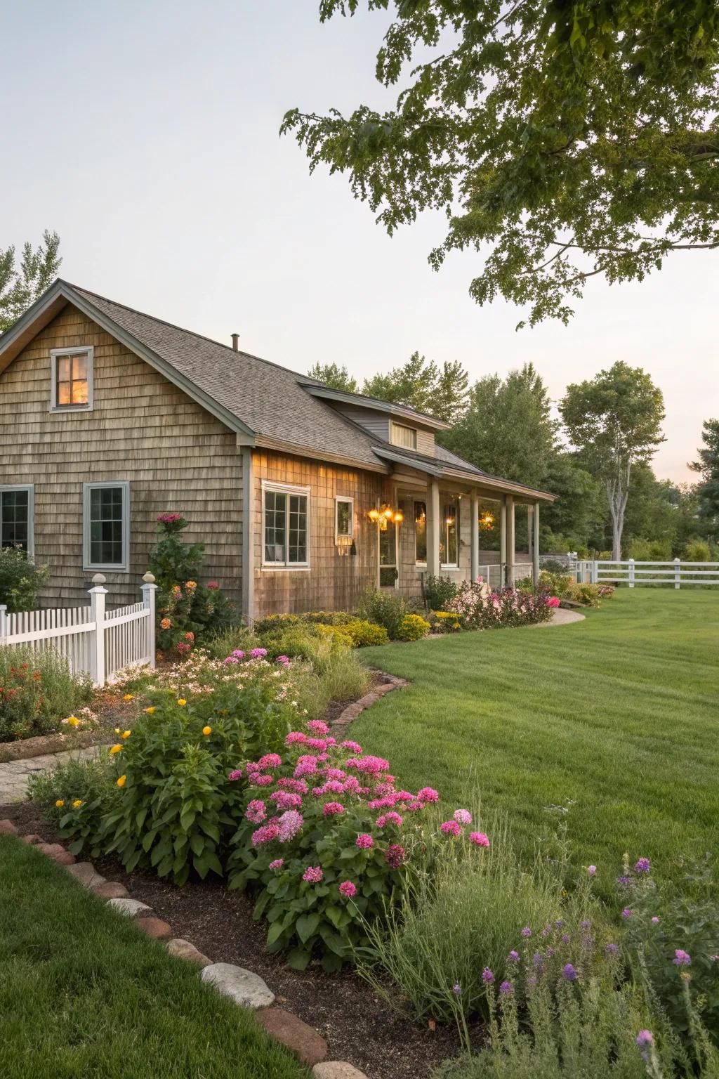 Natural lumber paneling enriches the inviting appeal of this ranch house.