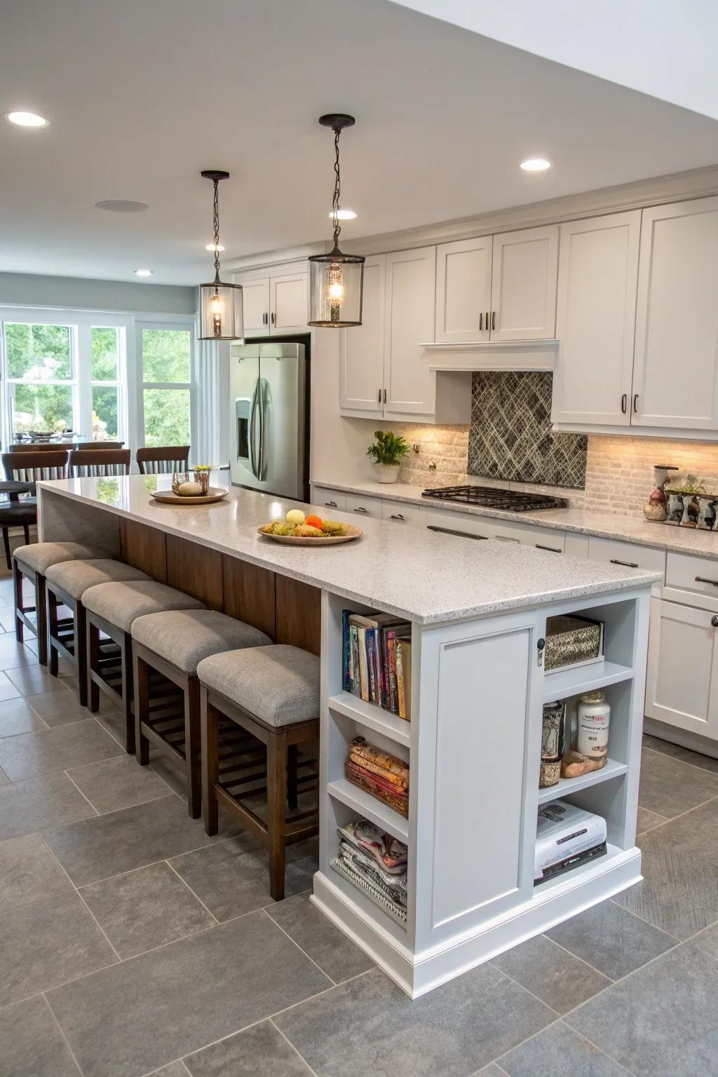 A versatile island integrating storage, seating, and prep space in a compact one-wall kitchen.