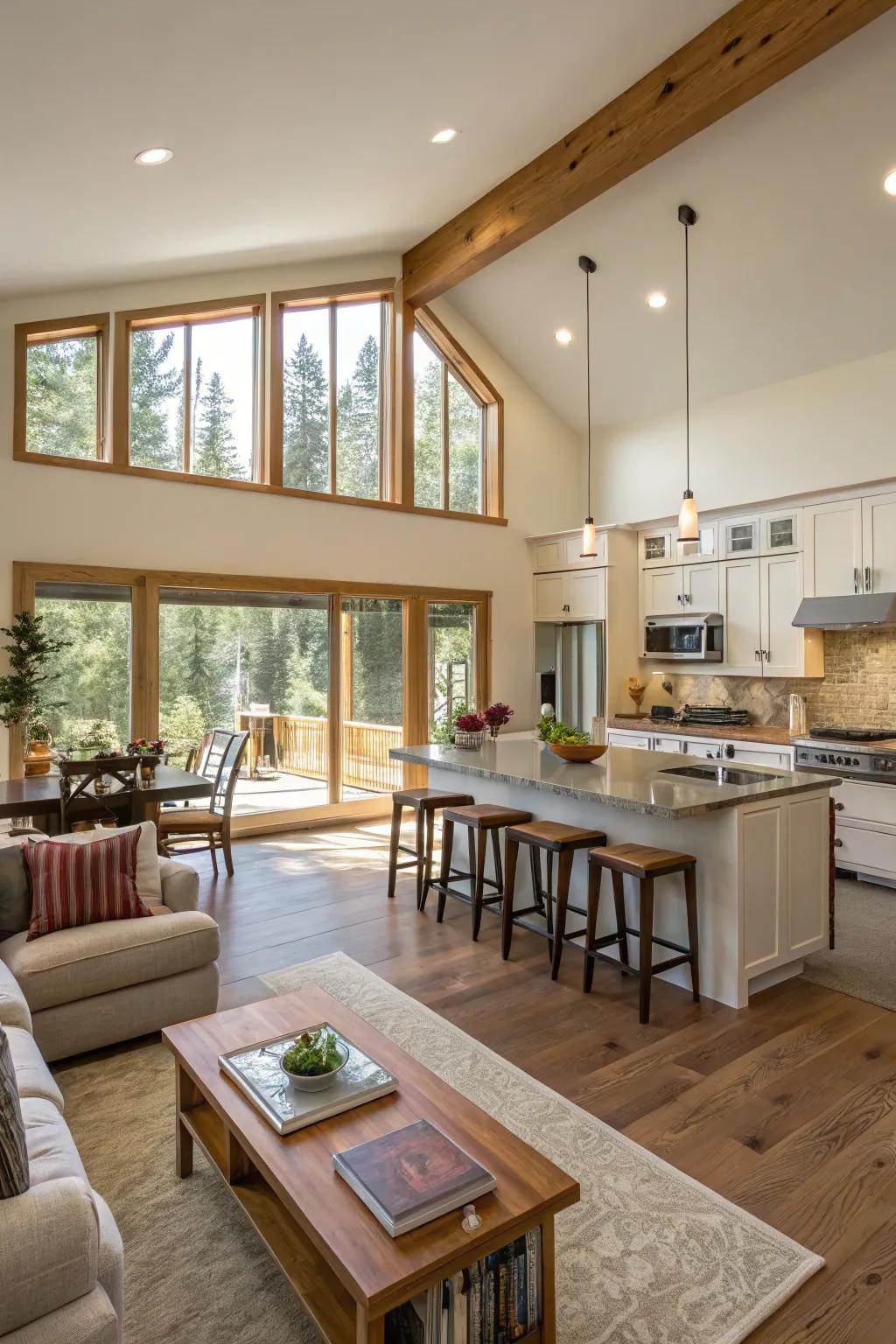 A smooth transition from the kitchen to the living area ensures a harmonious flow.