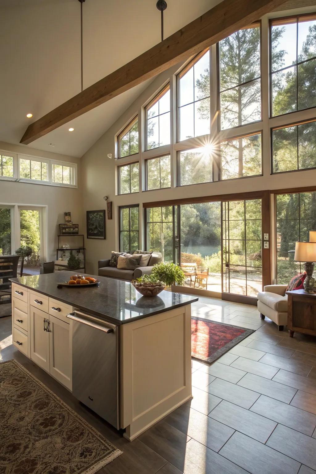 Sunlight streams into an open-concept cooking and lounging area.