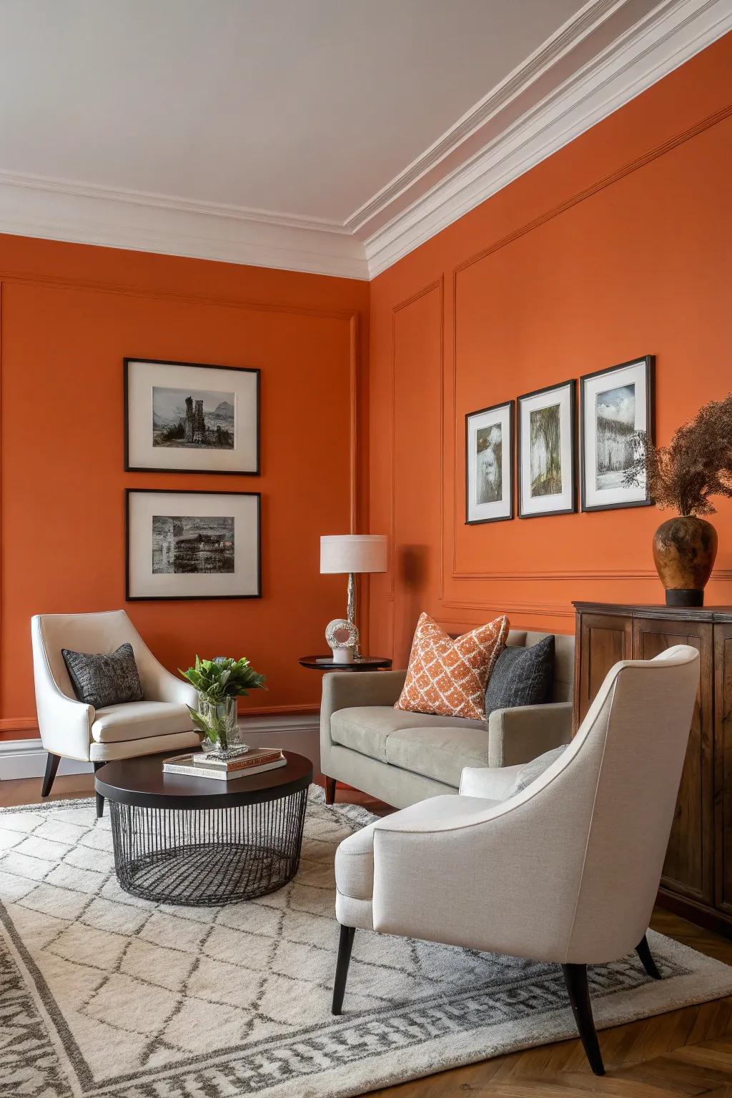 A living room enhanced by a striking orange accent wall, serving as a bold focal point.