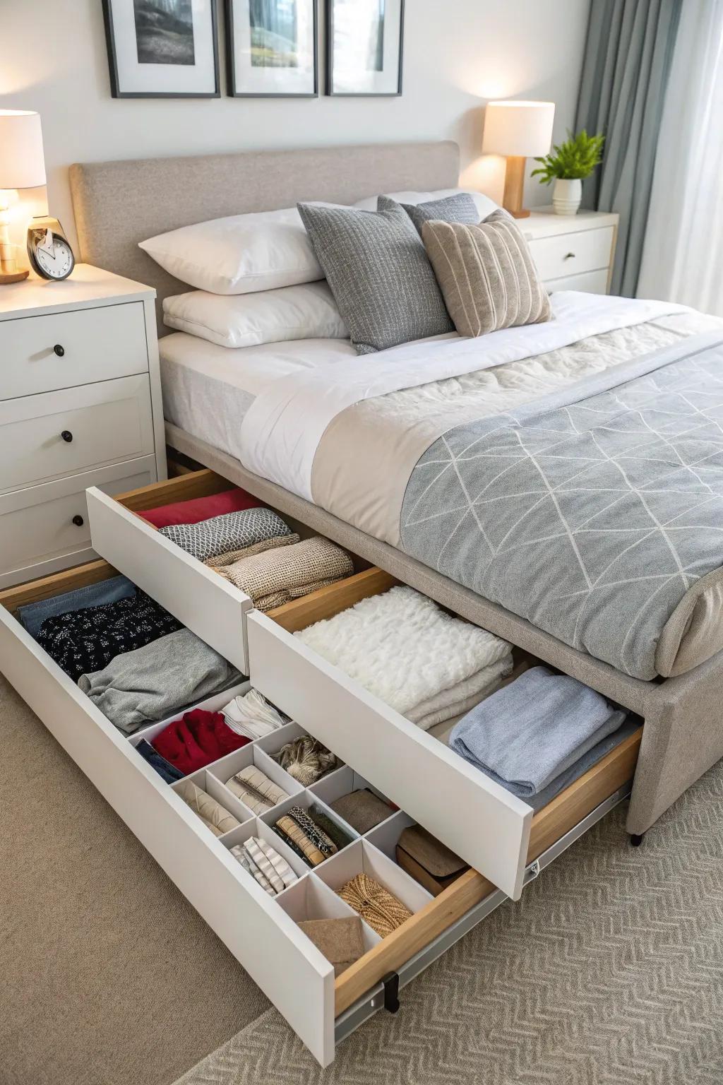 Take full advantage of bedroom space with ingenious under-bed storage options.