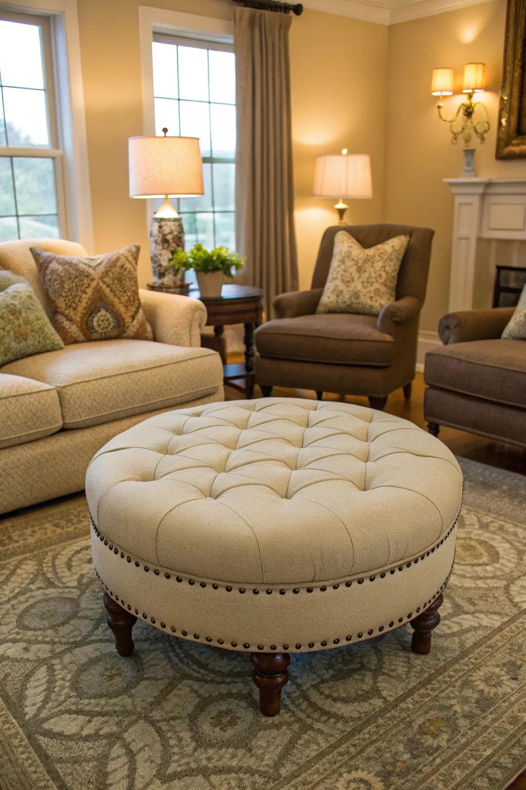 In the living room, this ottoman provides versatile seating options.