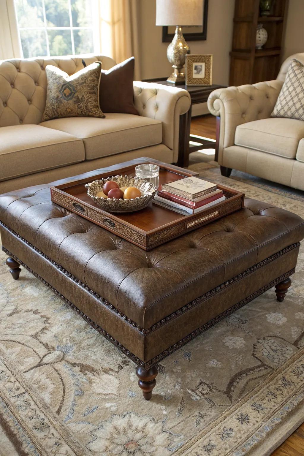 Ottoman at the center of a cozy coffee table setup