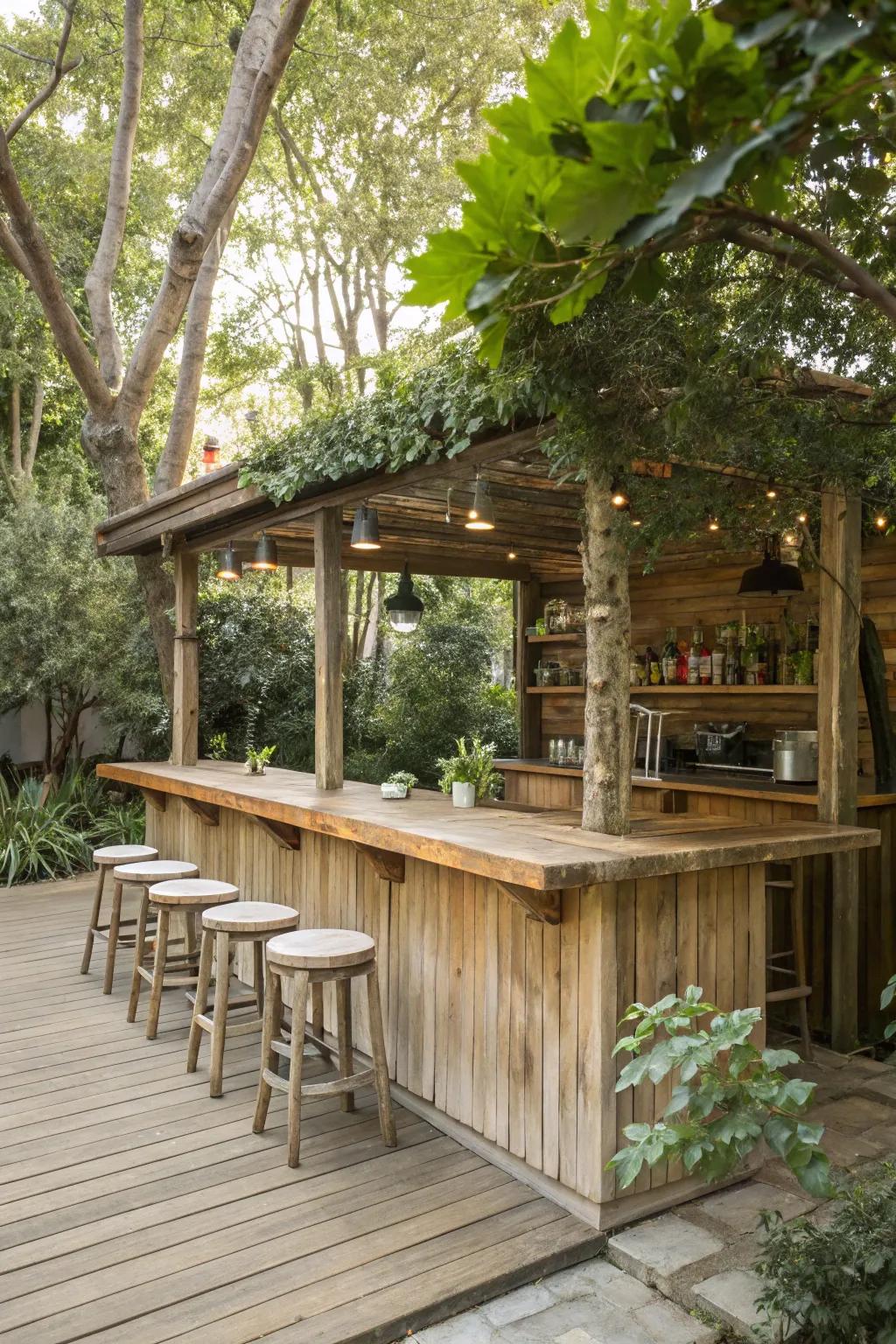 A rustic timber bar flawlessly merges with the garden setting.