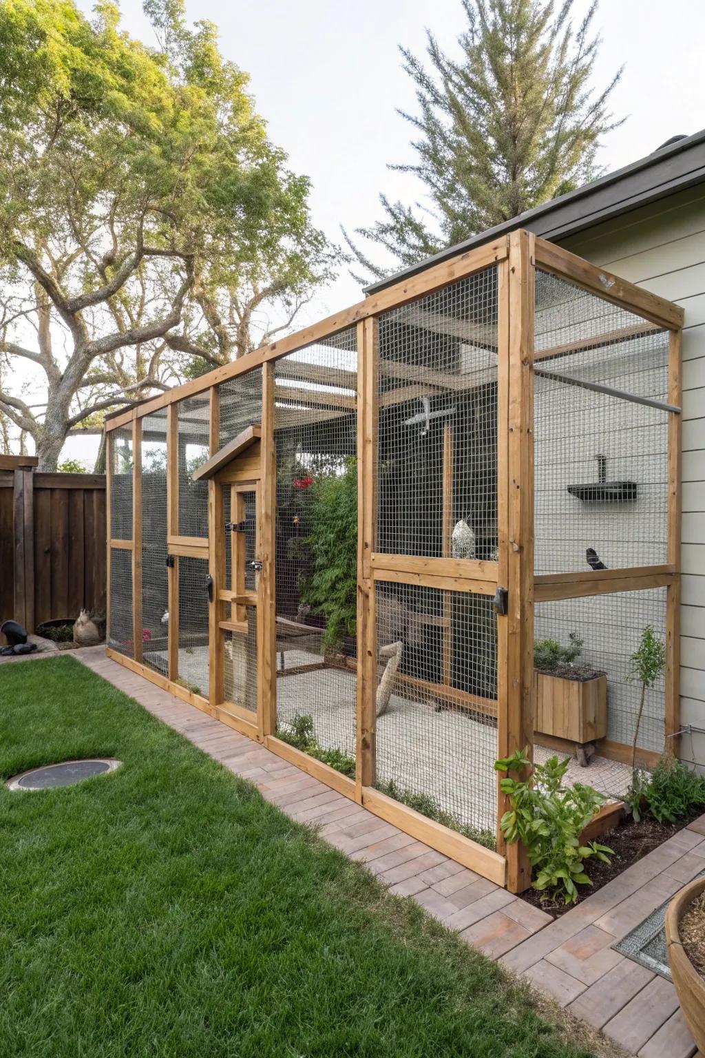 A secure and stylish enclosed kitty zone for outdoor feline fun.