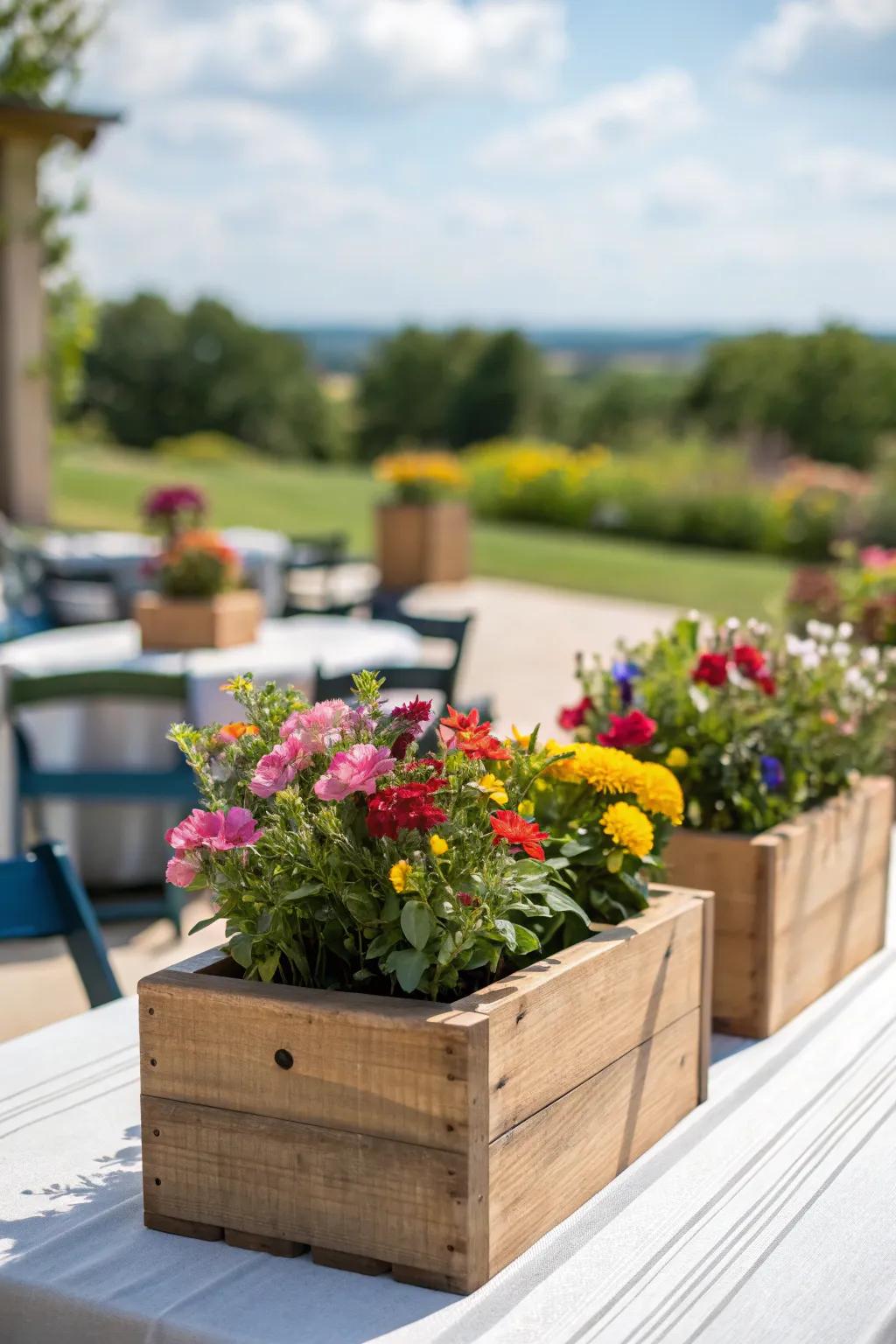 Timber planting containers overflowing with flowers that bloom in various seasons bring a rustic appeal to any table setting.