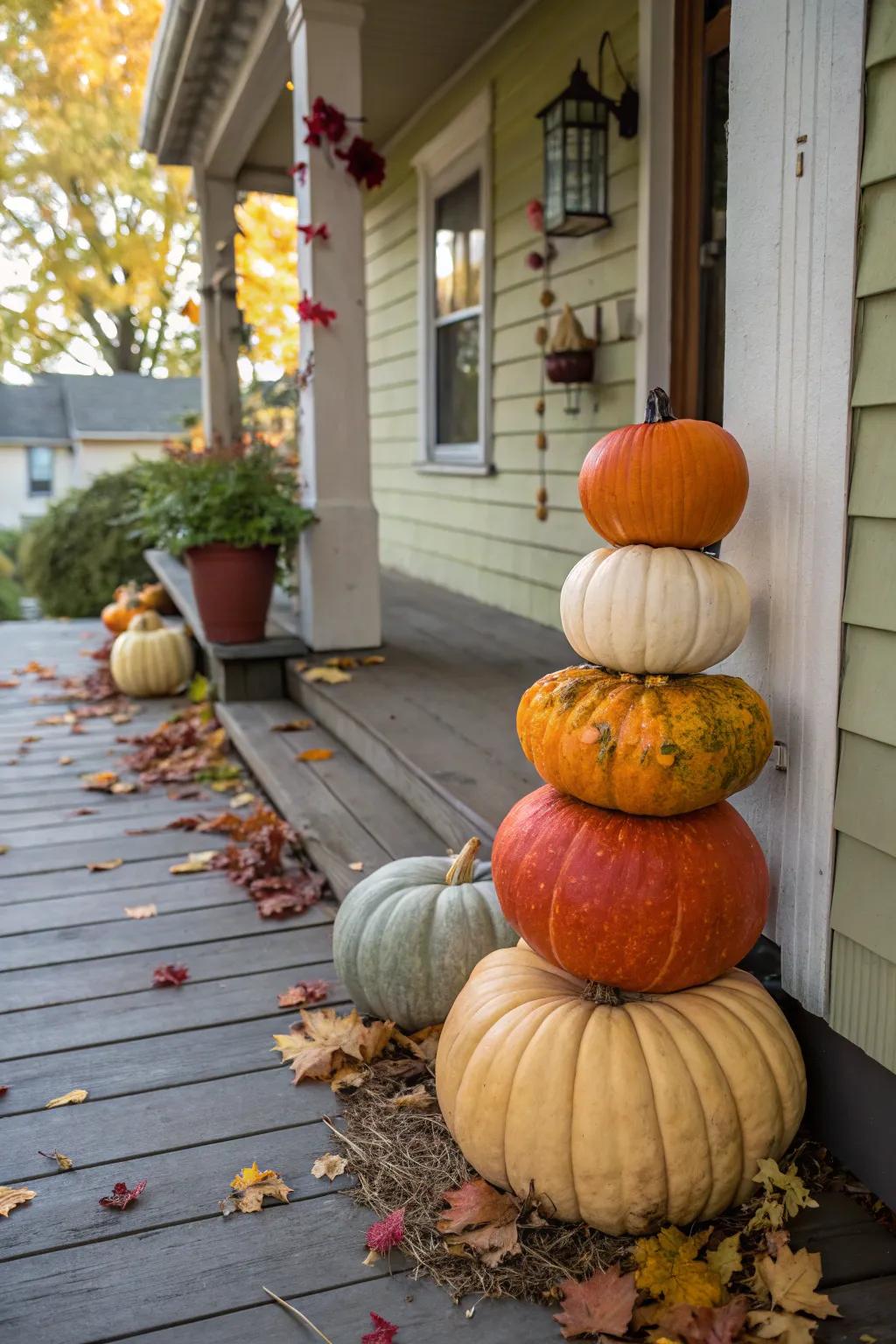 An assortment of stacked gourds forms an appealing fall focal point.