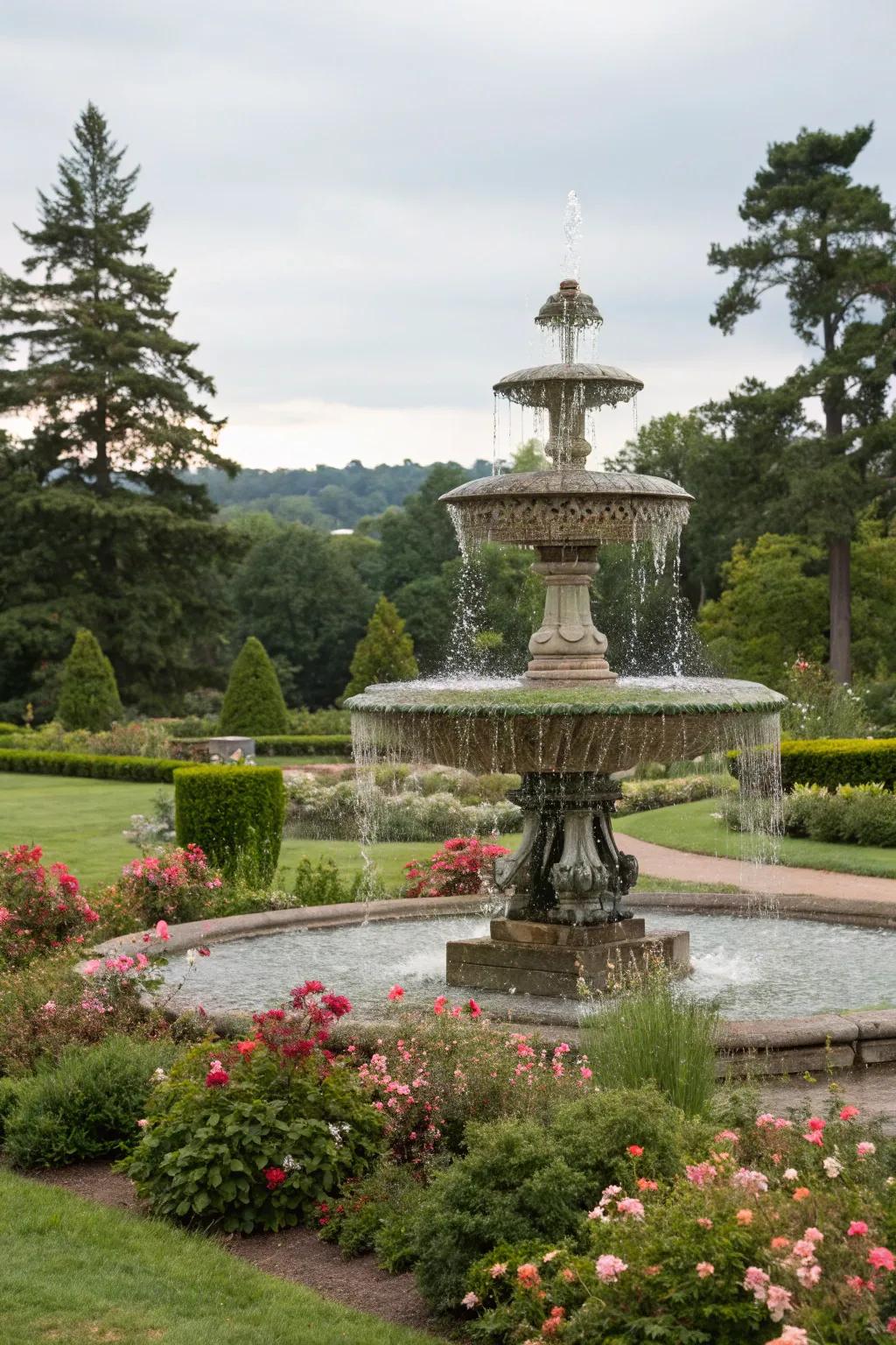 A tiered garden fountain brings a sense of majesty to outdoor environments.