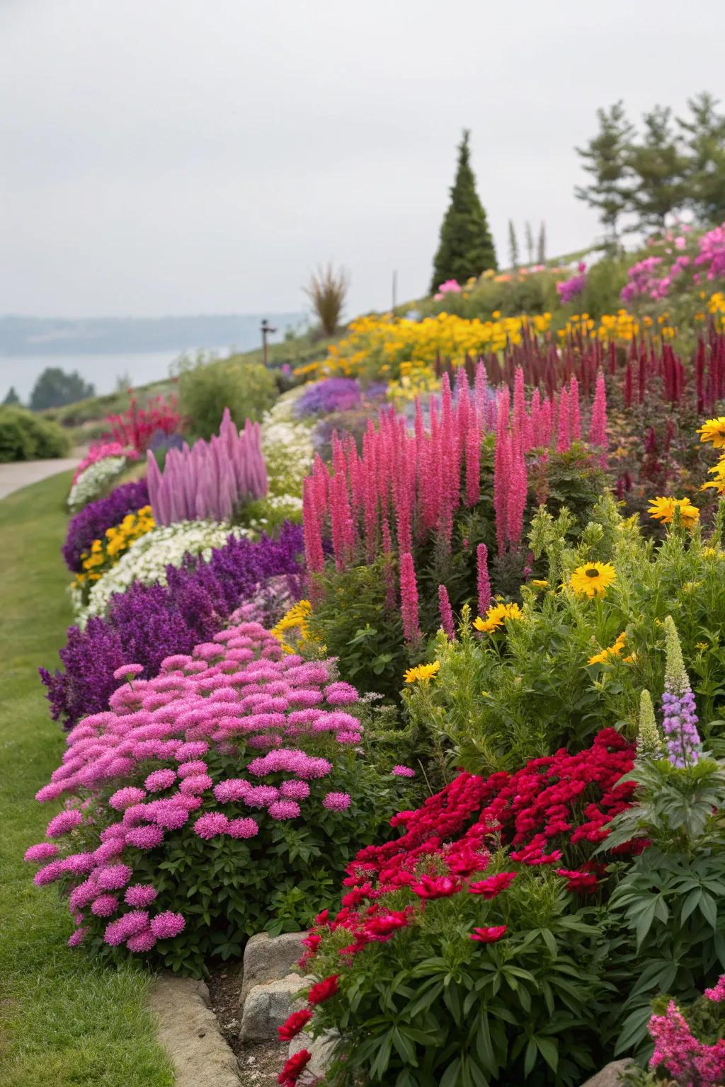 Lively flower beds displaying a variety of colorful flowers at different heights.