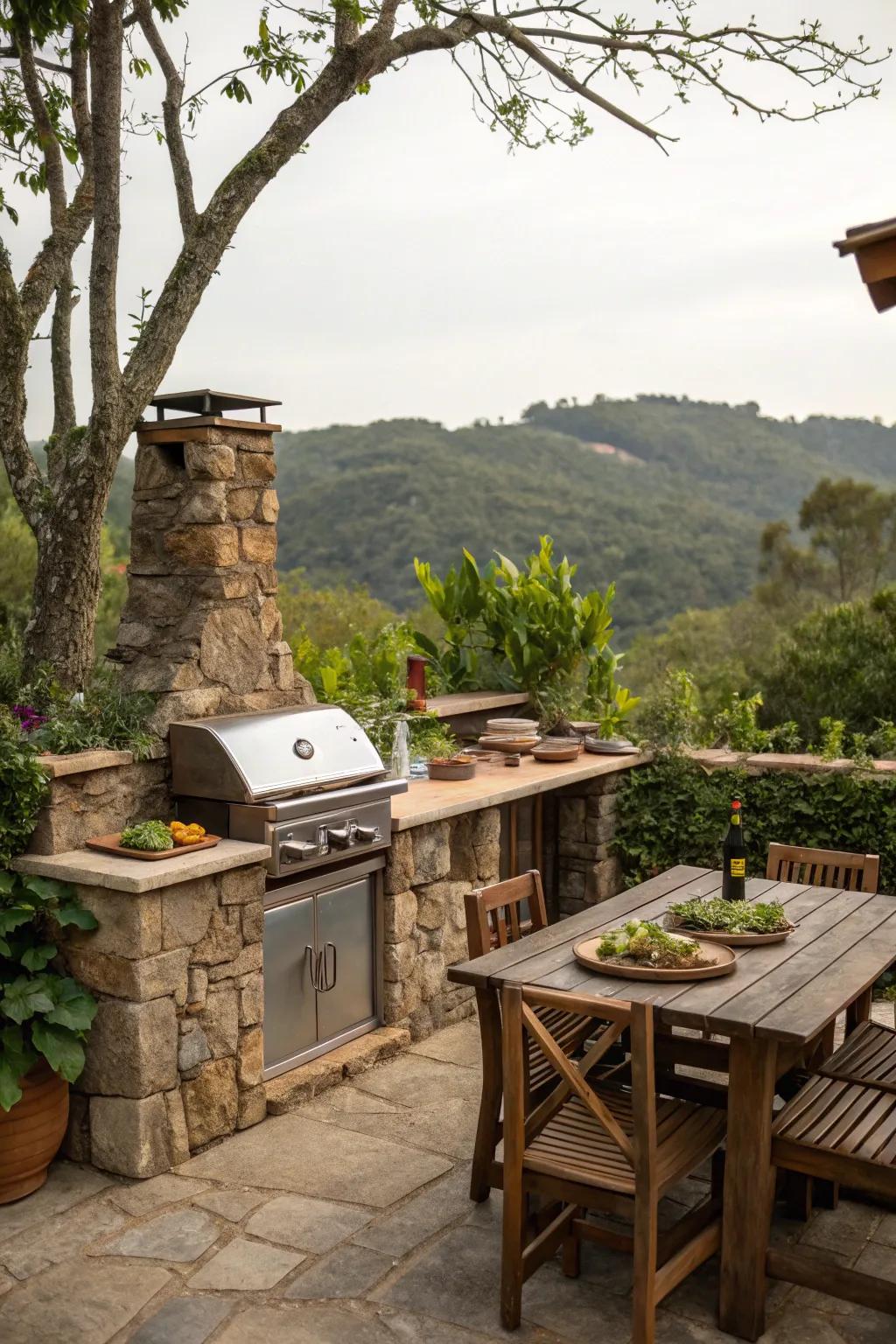 An elegantly rustic stone grill station that merges seamlessly with its natural backdrop.