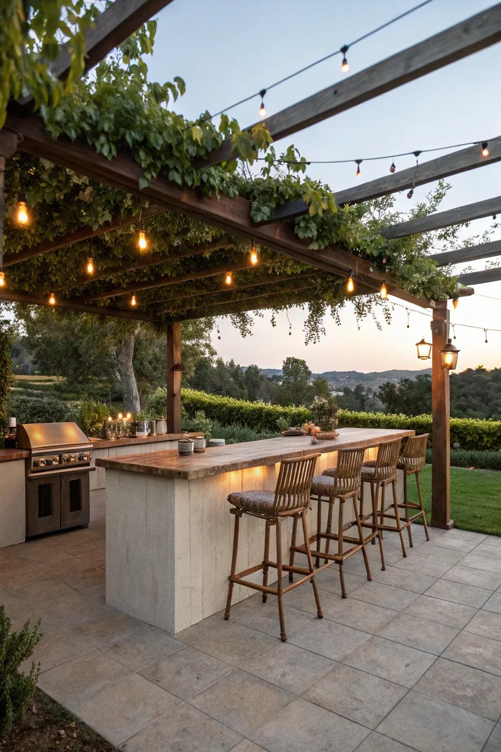 A pergola delivers both shade and beauty, rendering your outdoor kitchen bar a preferred destination.