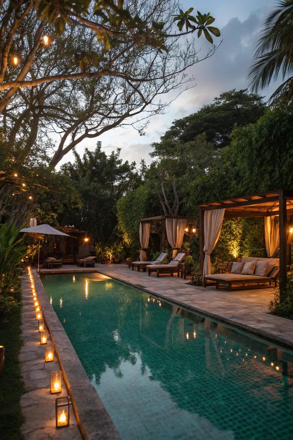 Delicate, subtle lighting produces a restful and attractive poolside setting.