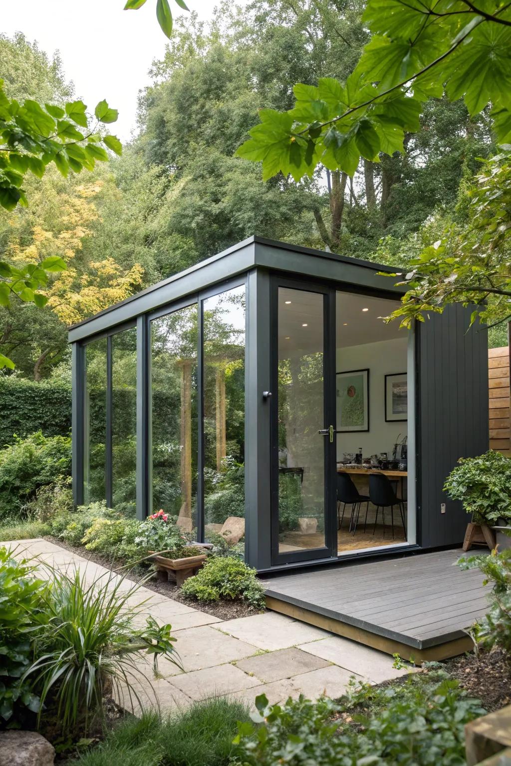 A chic, contemporary garden office module enhances privacy and style.