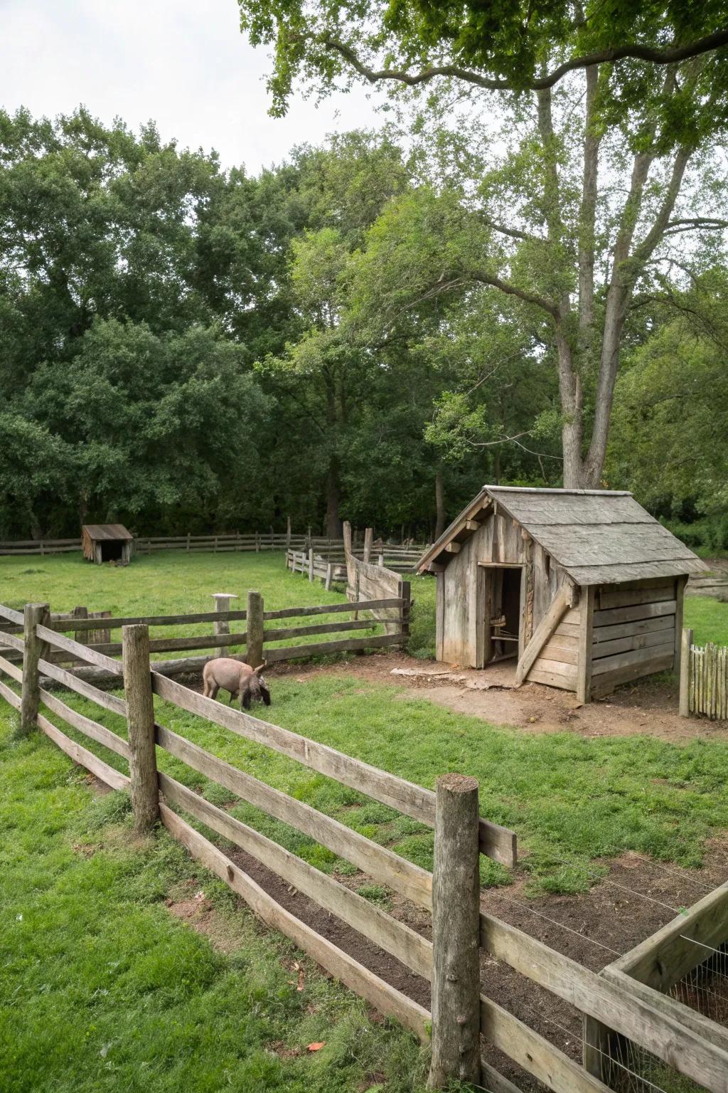 A basic yet efficient pig space employing classic lumber fencing and refuge.