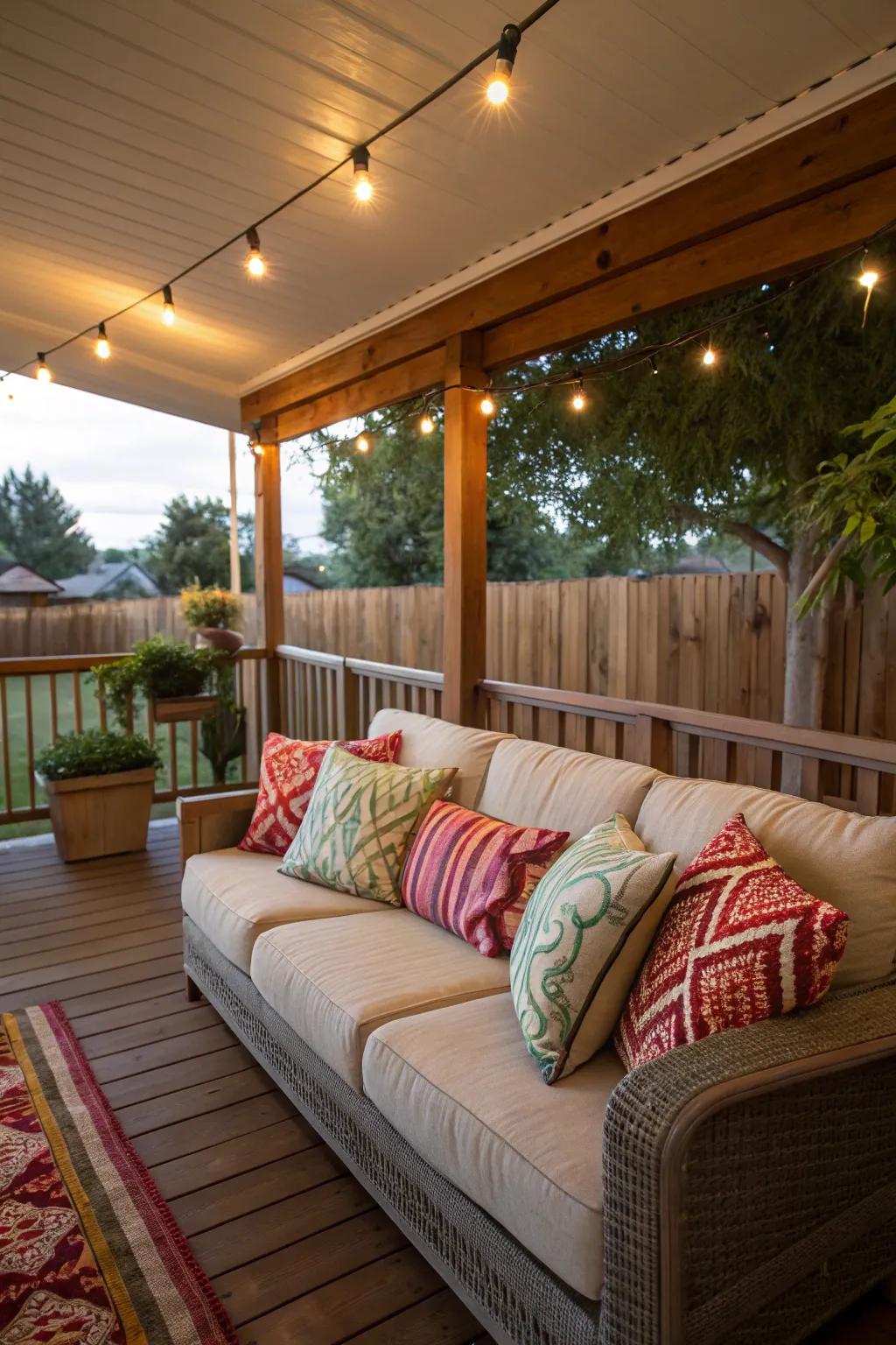 A plush sofa adorned with colorful cushions creates an inviting porch ambiance.