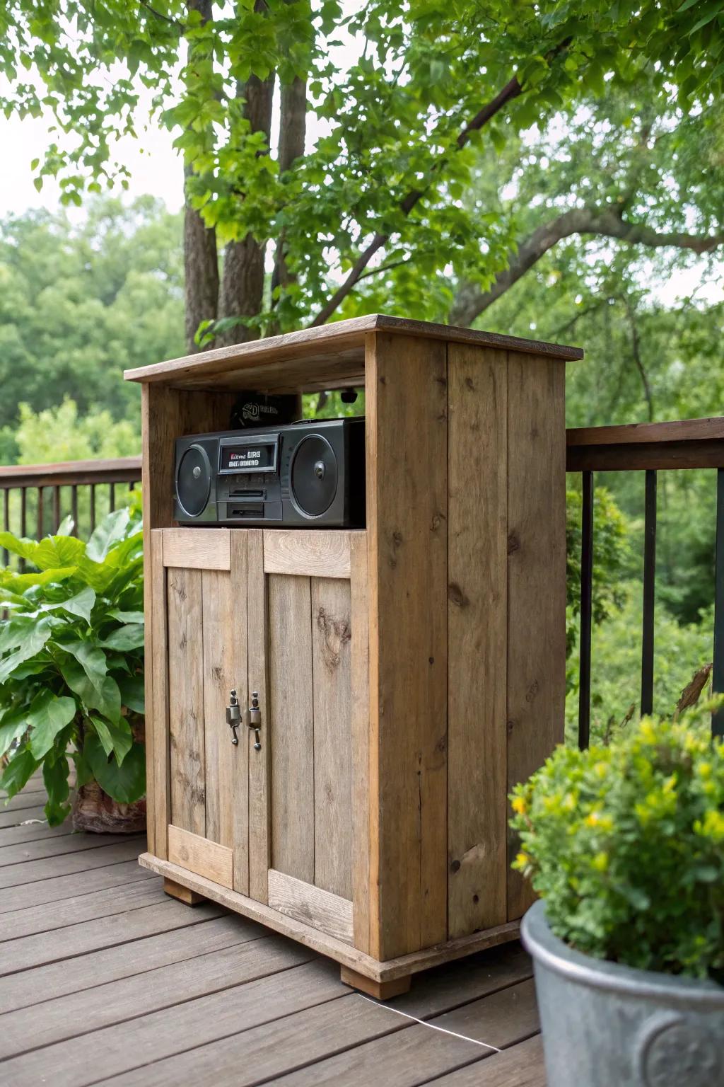 A weatherproof timber case integrates smoothly with outdoor spaces.