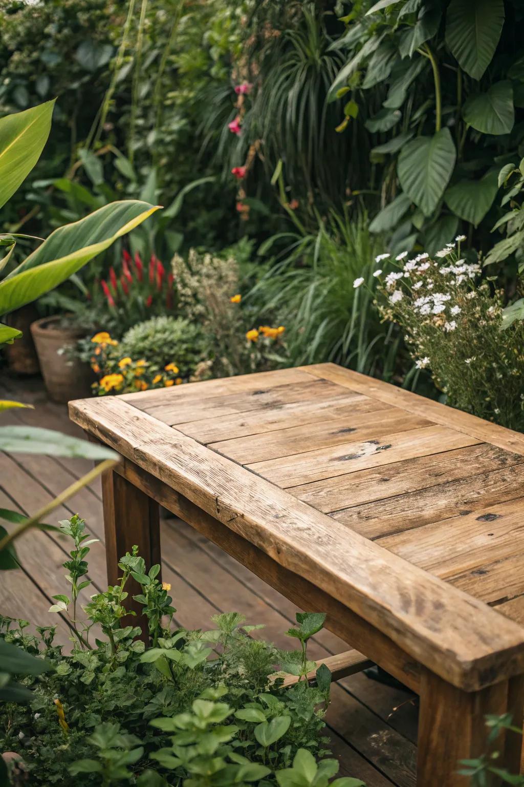 A rustic wooden table top infuses your outdoor space with natural warmth.