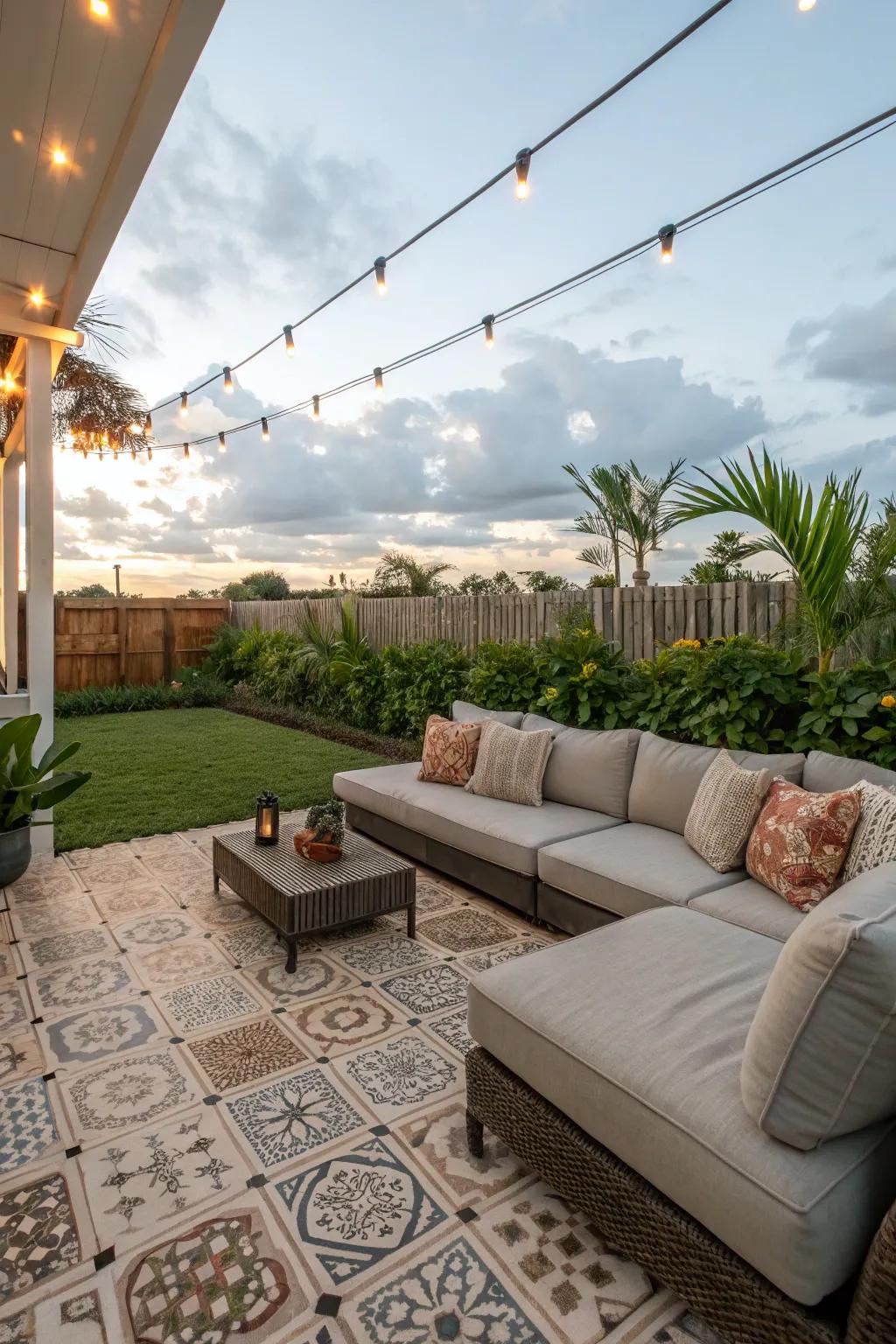 Craft a relaxing lounge area using stylish patio tiles.