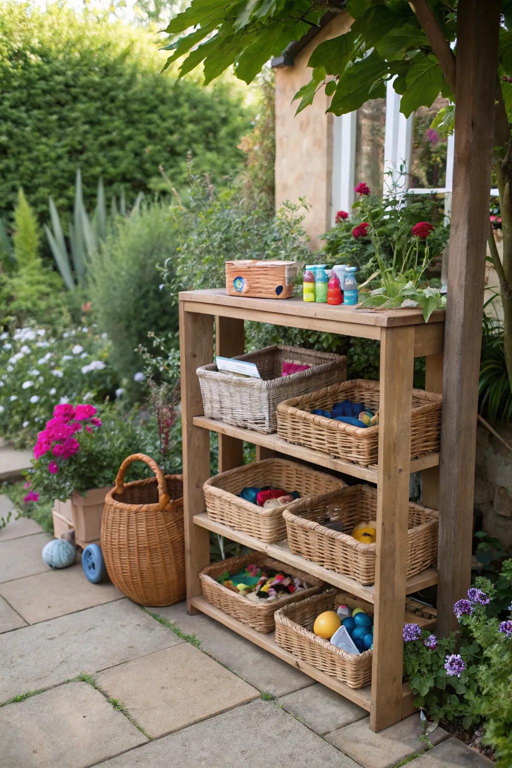 For keeping outdoor toys, shelving units with baskets are a great, organized option.