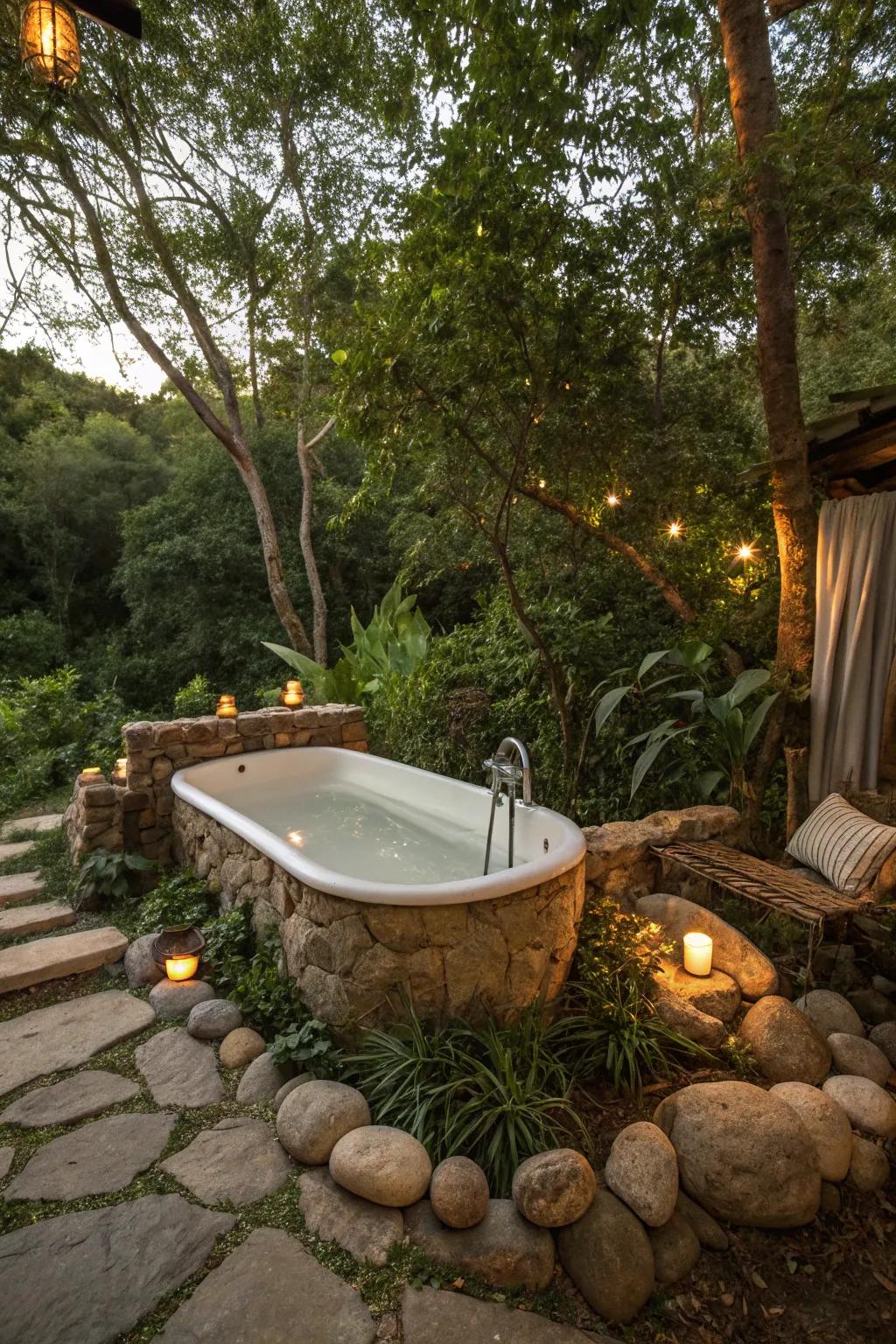 Design a peaceful escape utilizing stones and flourishing greenery surrounding your outdoor bathing space.