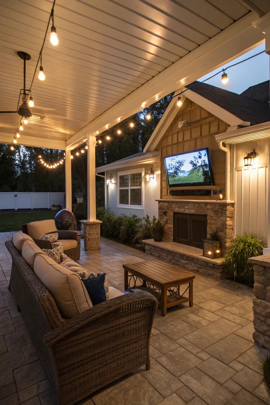 Setting up a TV under a covered patio creates an inviting open-air entertainment zone.
