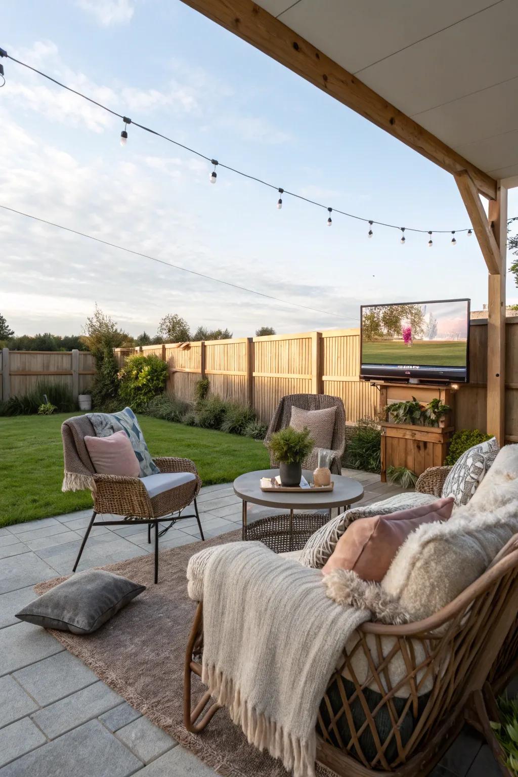 An inviting seating arrangement cultivates a pleasant ambiance for viewing television in an outdoor setting.