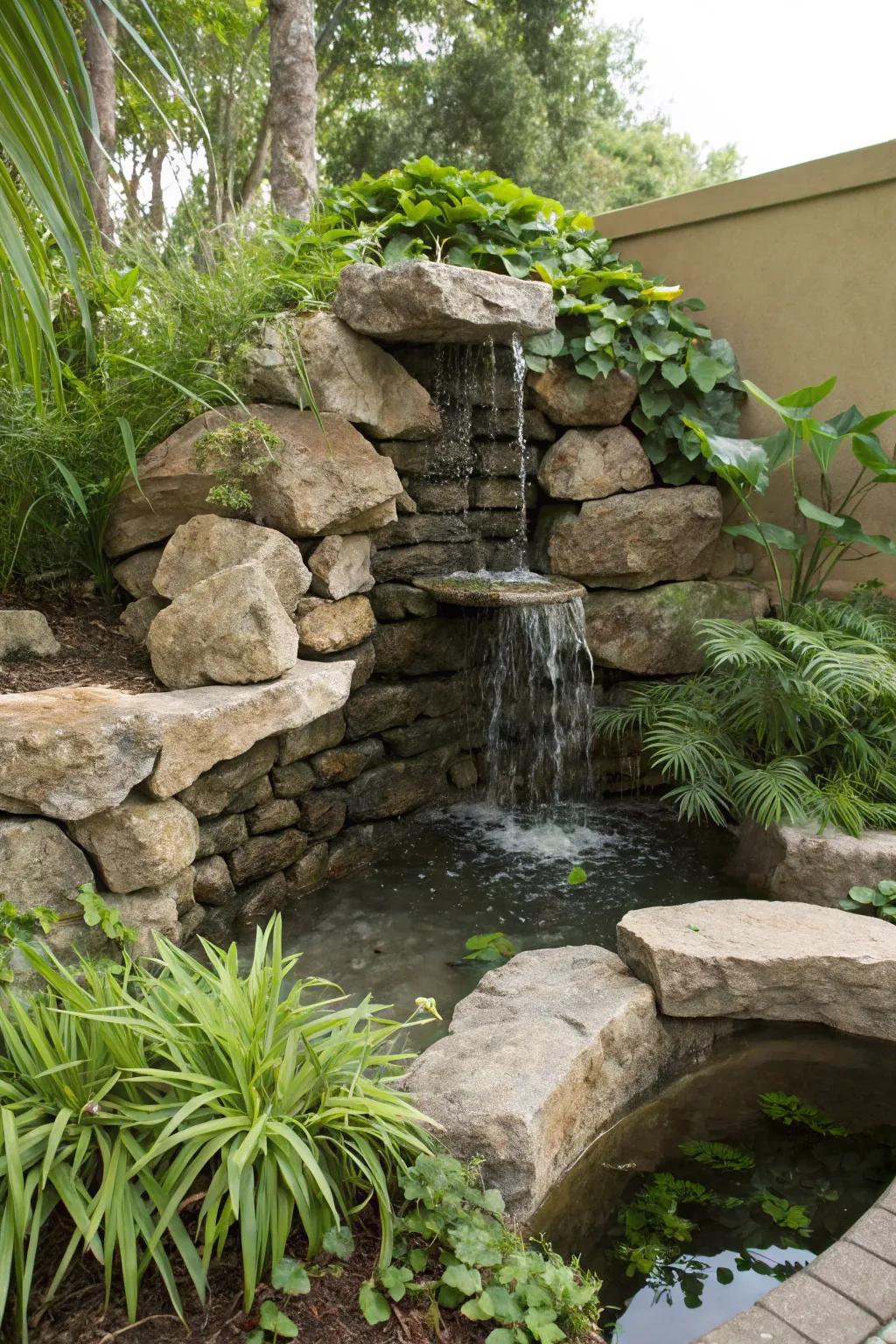A stone-integrated wall fountain achieves an effortless organic appearance.