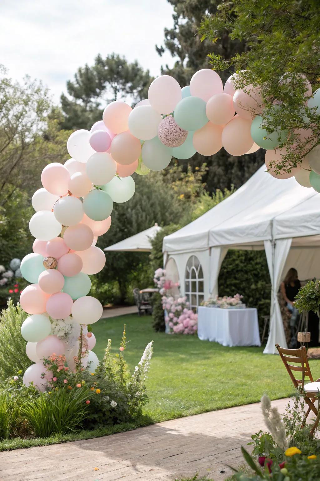 Balloons in soft tints make for a cheerful and whimsical welcome.