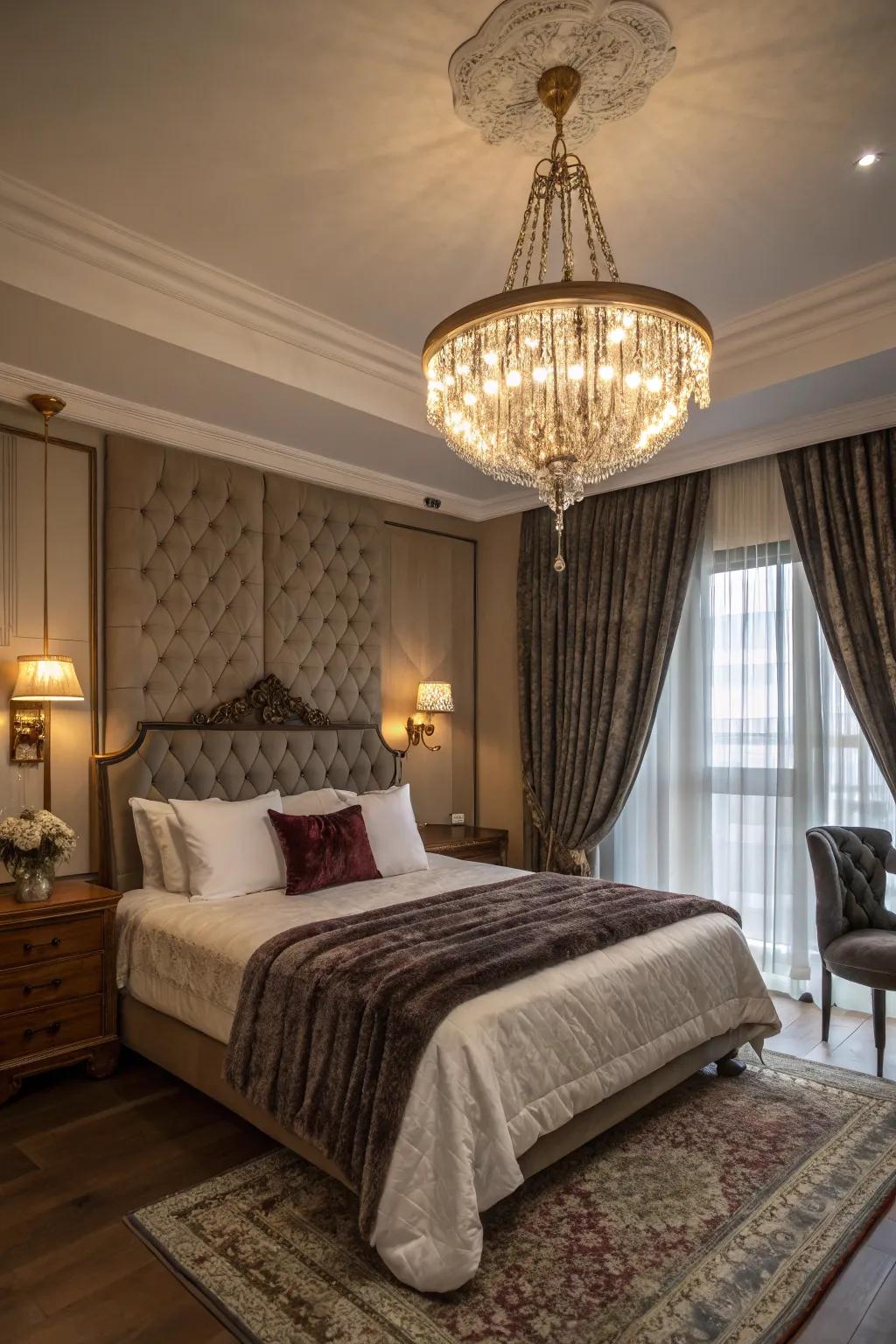 A chandelier enhances elegance and luxury.