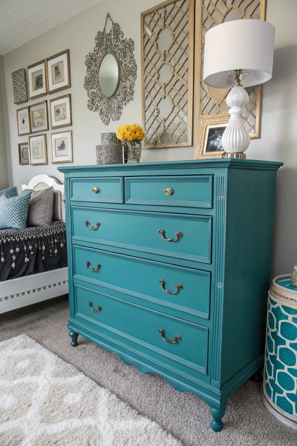 A striking turquoise dresser has the power to redefine the atmosphere of your bedroom.