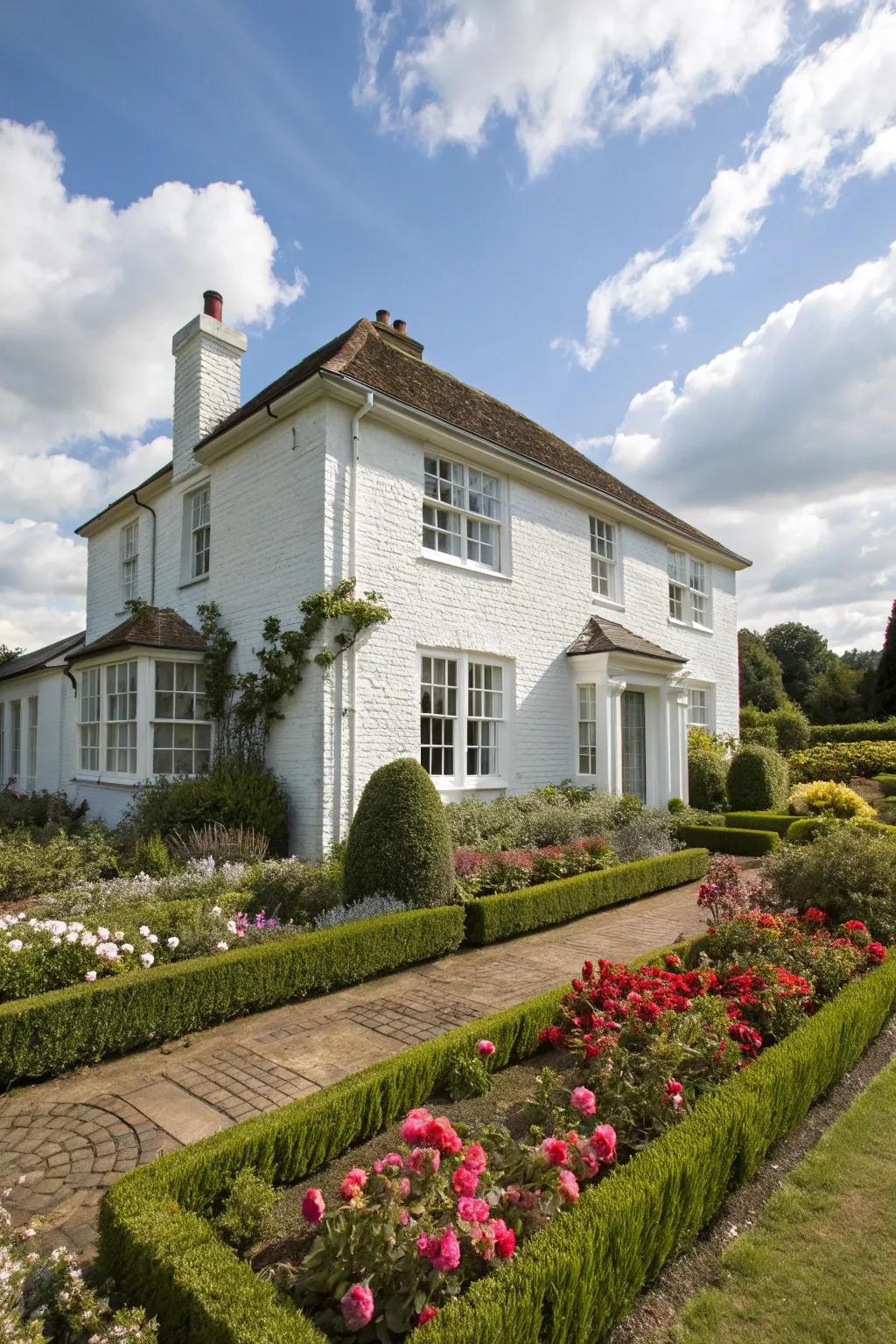 A brick house painted in classic white radiates charm and sophistication.