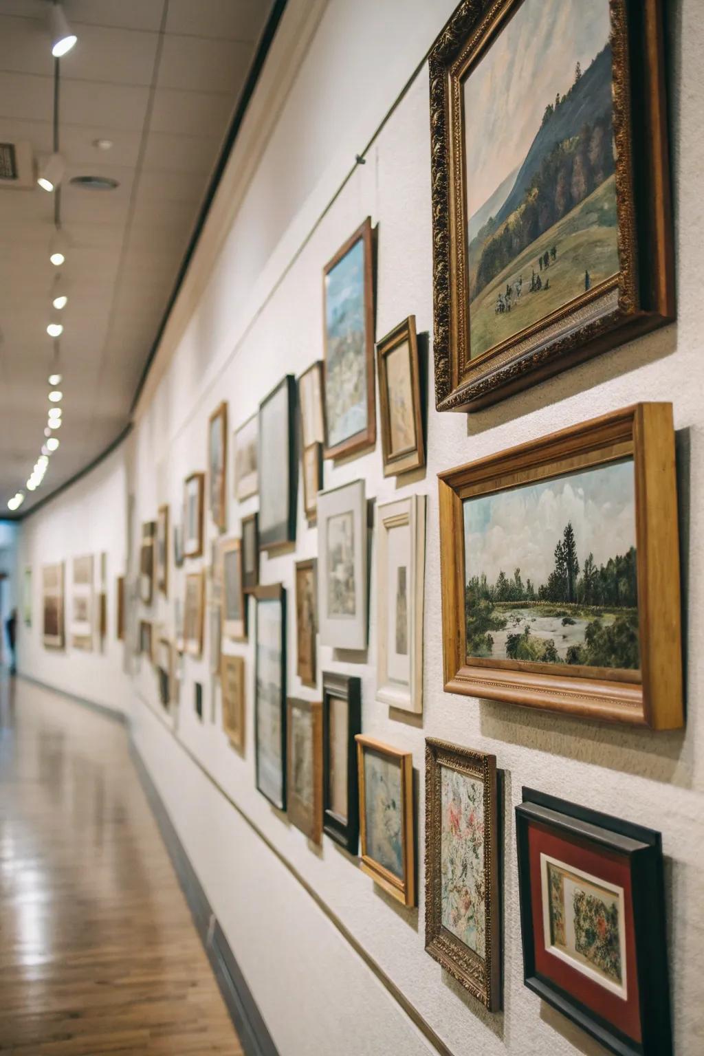 An eclectic gallery wall displaying an array of frame styles and sizes.
