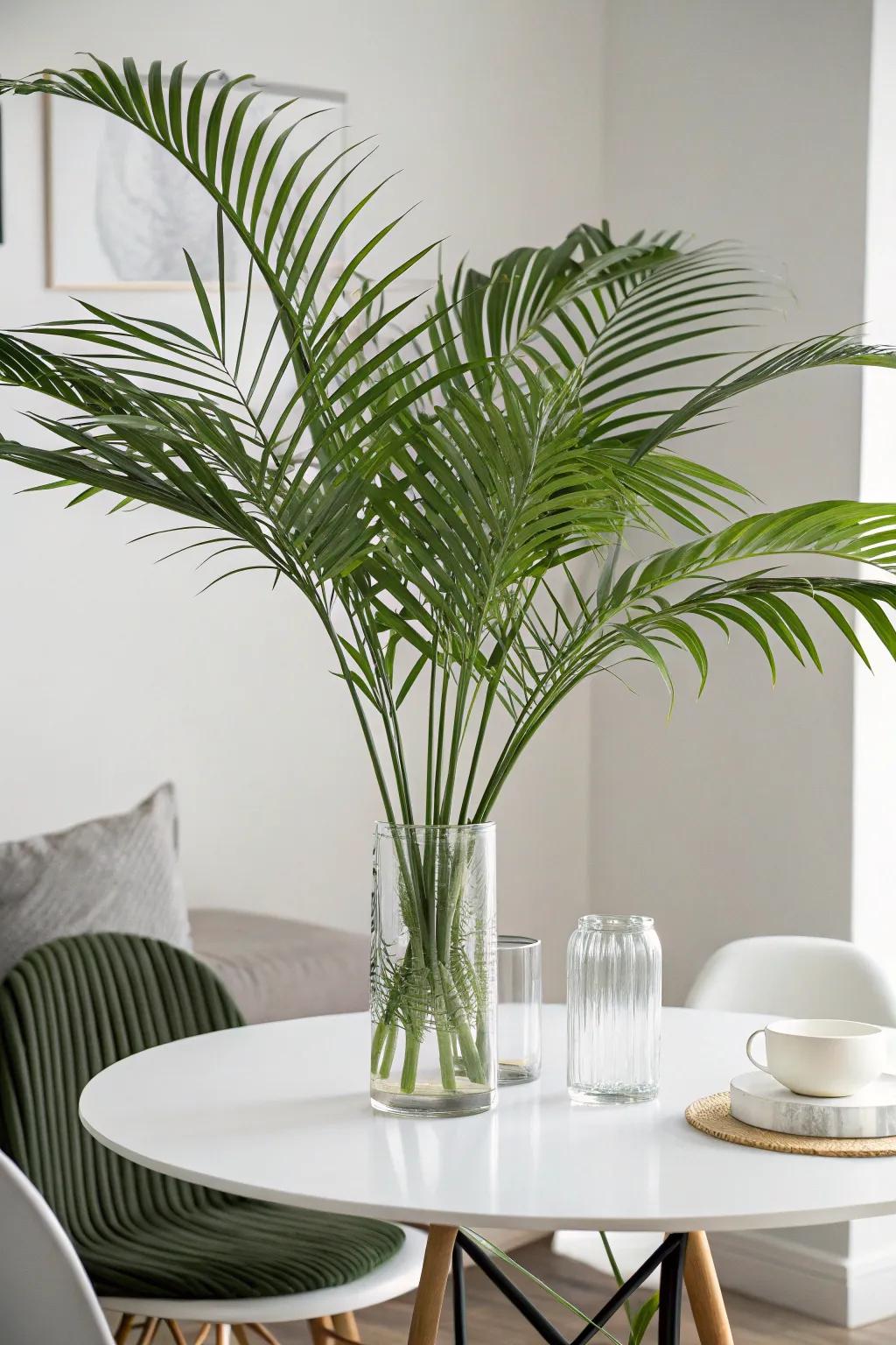 Soaring tropical fronds fashion a striking and graceful table centerpiece.