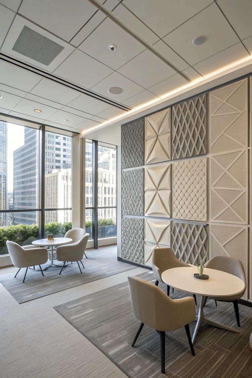 Modern office featuring geometric panel designs in understated tones.