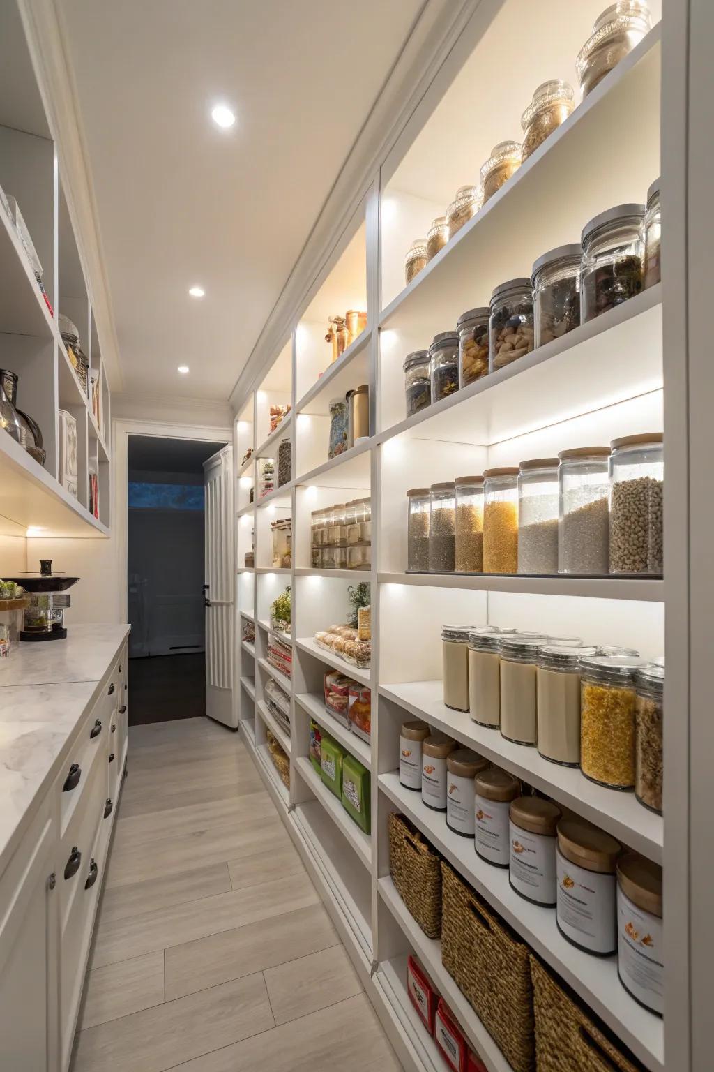 A roomy walk-in pantry equipped with smart shelves and stylish lighting.